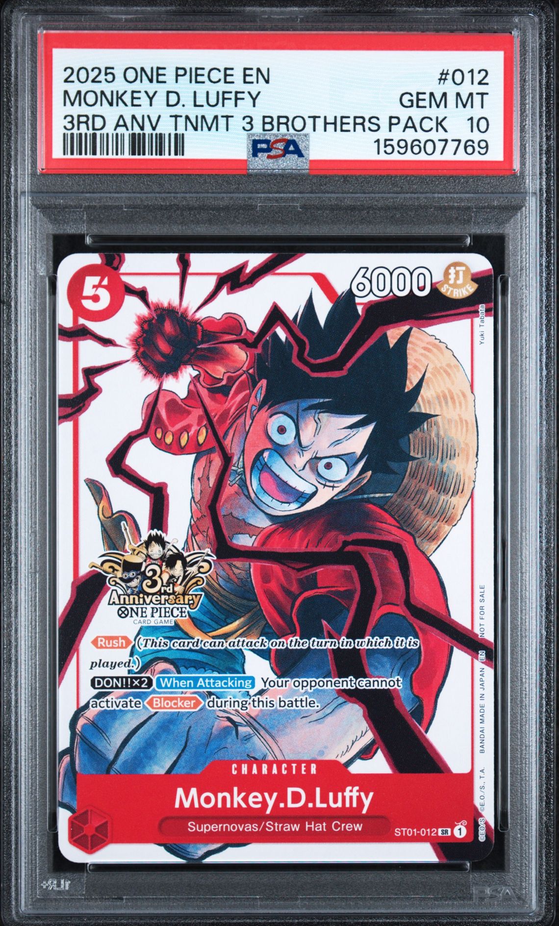 2025 One Piece 3Rd Anniversary Tournament 3 Brothers Pack Monkey D. Luffy #012 Gem Mt 10 front view - PSA graded GEM MT 10