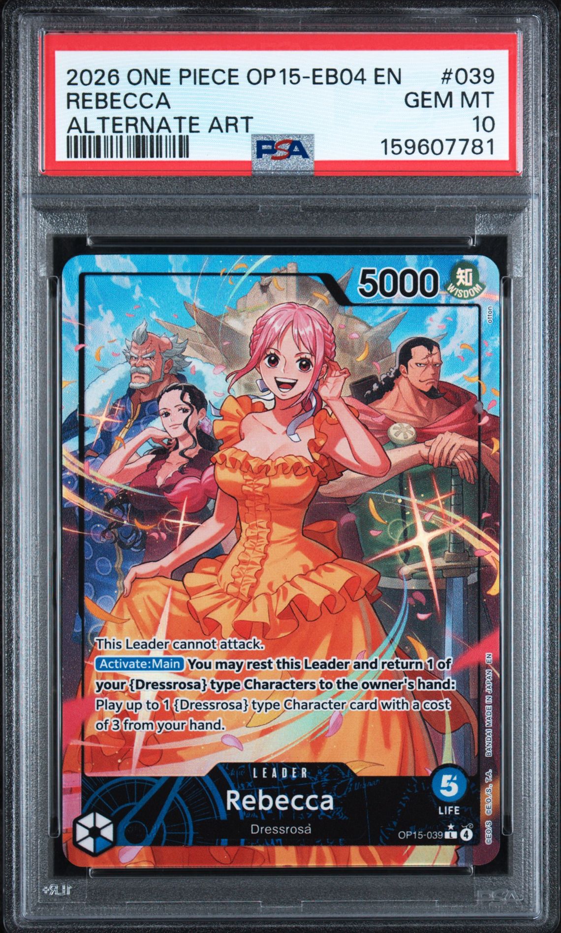 2026 ONE PIECE OP15-EB04-ADVENTURE ON KAMI'S ISLAND REBECCA ALTERNATE ART 039 GEM MT 10 front