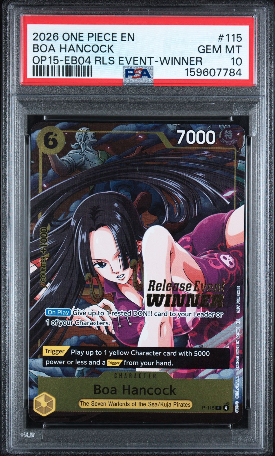 2026 One Piece Promos Boa Hancock #115 (Op15-Eb04 Rls Event-Winner) Gem Mt 10 front view - PSA graded GEM MT 10
