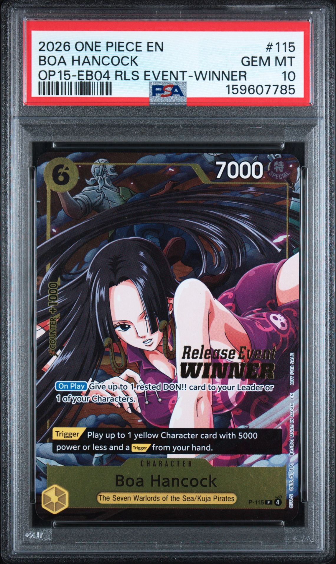 2026 One Piece Promos Boa Hancock #115 (Op15-Eb04 Rls Event-Winner) Gem Mt 10 front view - PSA graded GEM MT 10