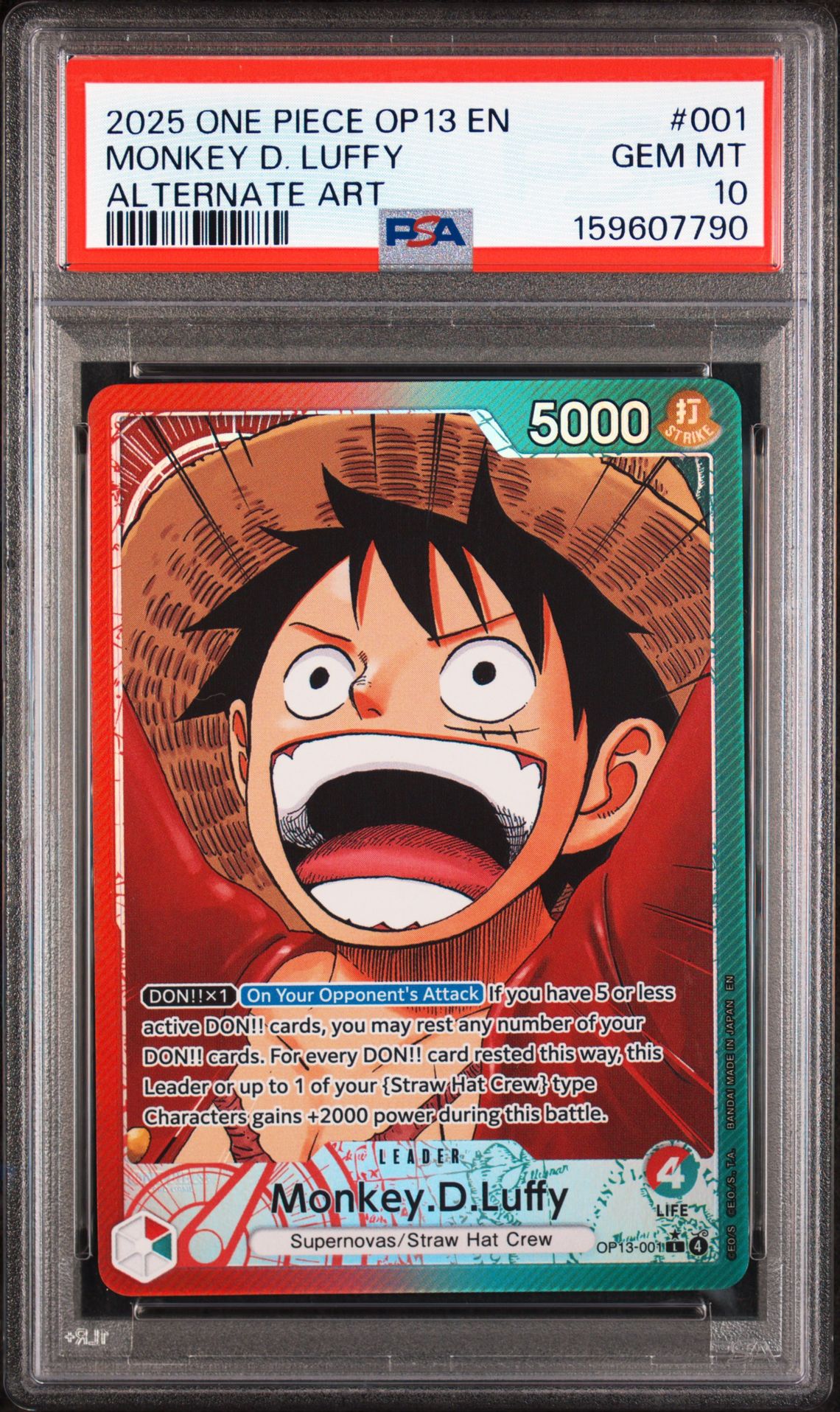 2025 One Piece Op13-Carrying On His Will Monkey D. Luffy #001 (Alternate Art) Gem Mt 10 front view - PSA graded GEM MT 10