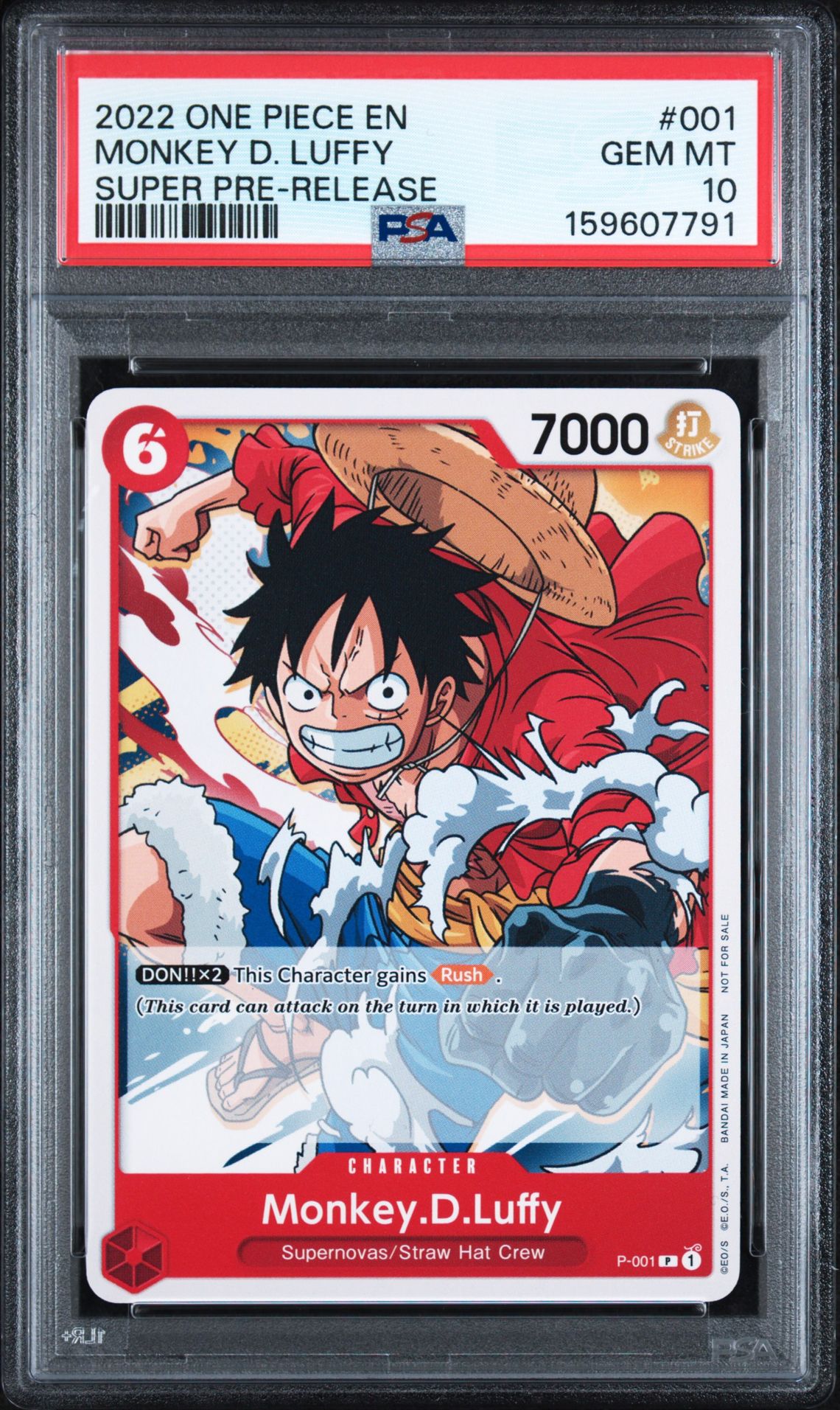 2022 One Piece Promos Monkey D. Luffy #001 (Super Pre-Release) Gem Mt 10 front view - PSA graded GEM MT 10