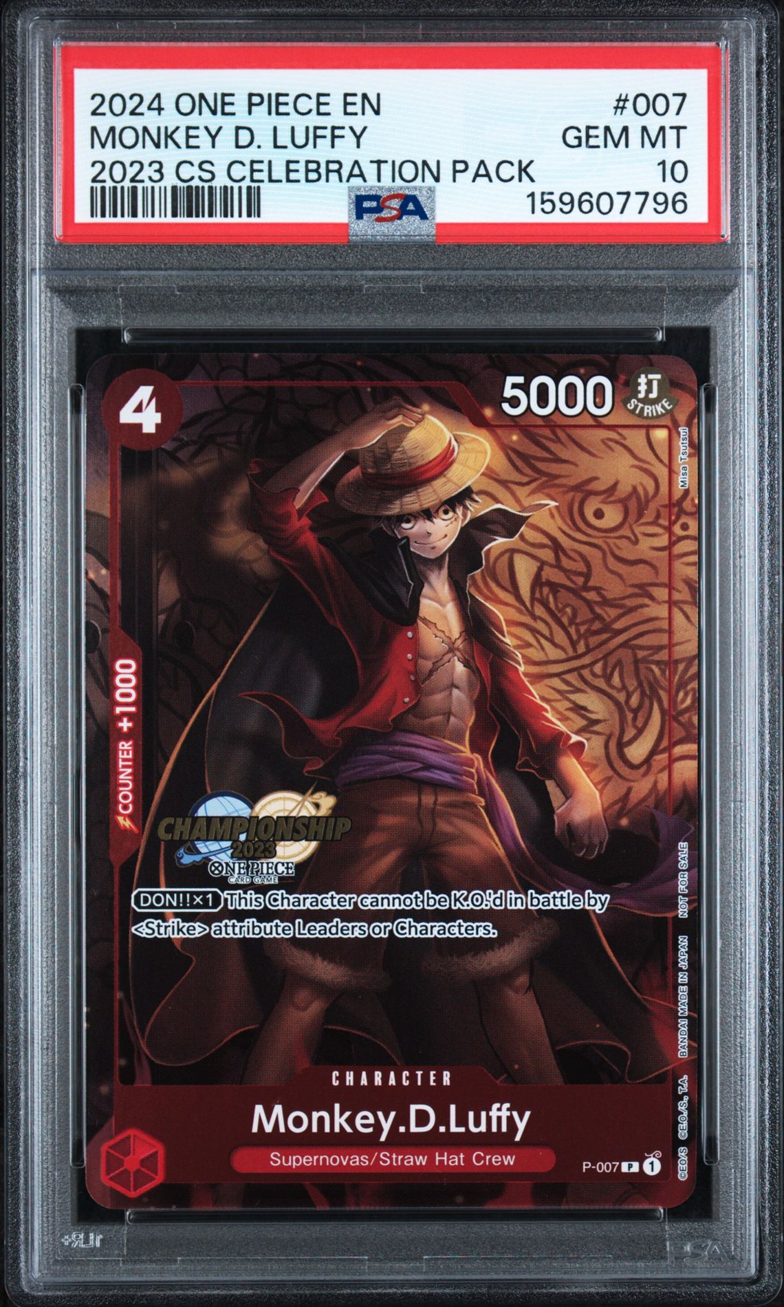2024 One Piece Championship 2023 Celebration Pack Monkey D. Luffy #007 Gem Mt 10 front view - PSA graded GEM MT 10