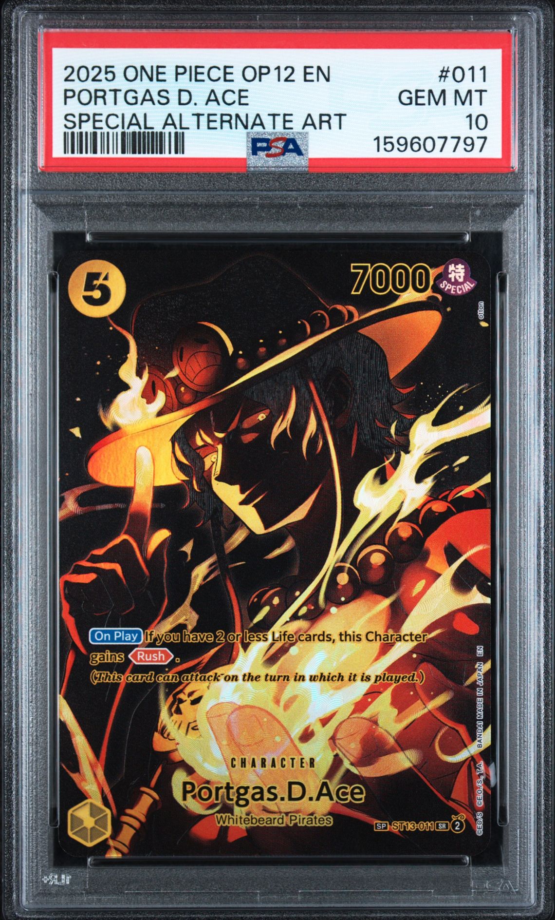 2025 One Piece Op12-Legacy Of The Master Portgas D. Ace #011 (Special Alternate Art) Gem Mt 10 front view - PSA graded GEM MT 10