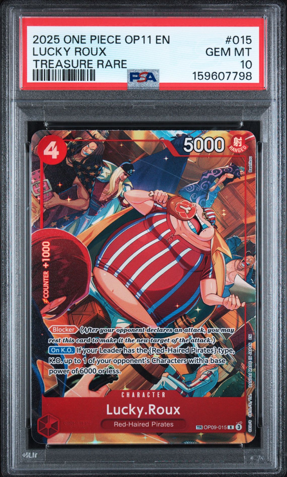 2025 One Piece Op11-A Fist Of Divine Speed Lucky Roux #015 (Treasure Rare) Gem Mt 10 front