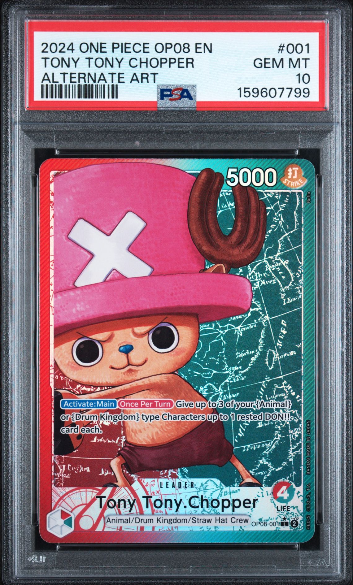 2024 One Piece Op08-Two Legends Tony Tony Chopper #001 (Alternate Art) Gem Mt 10 front view - PSA graded GEM MT 10
