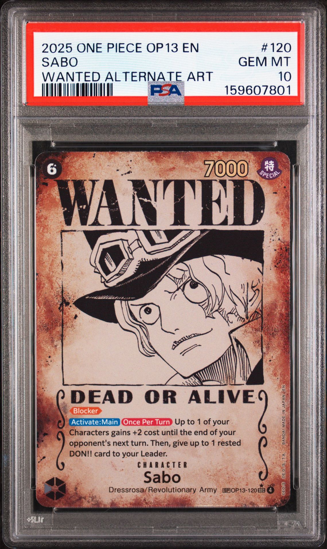 2025 One Piece Op13-Carrying On His Will Sabo #120 (Wanted Alternate Art) Gem Mt 10 front view - PSA graded GEM MT 10