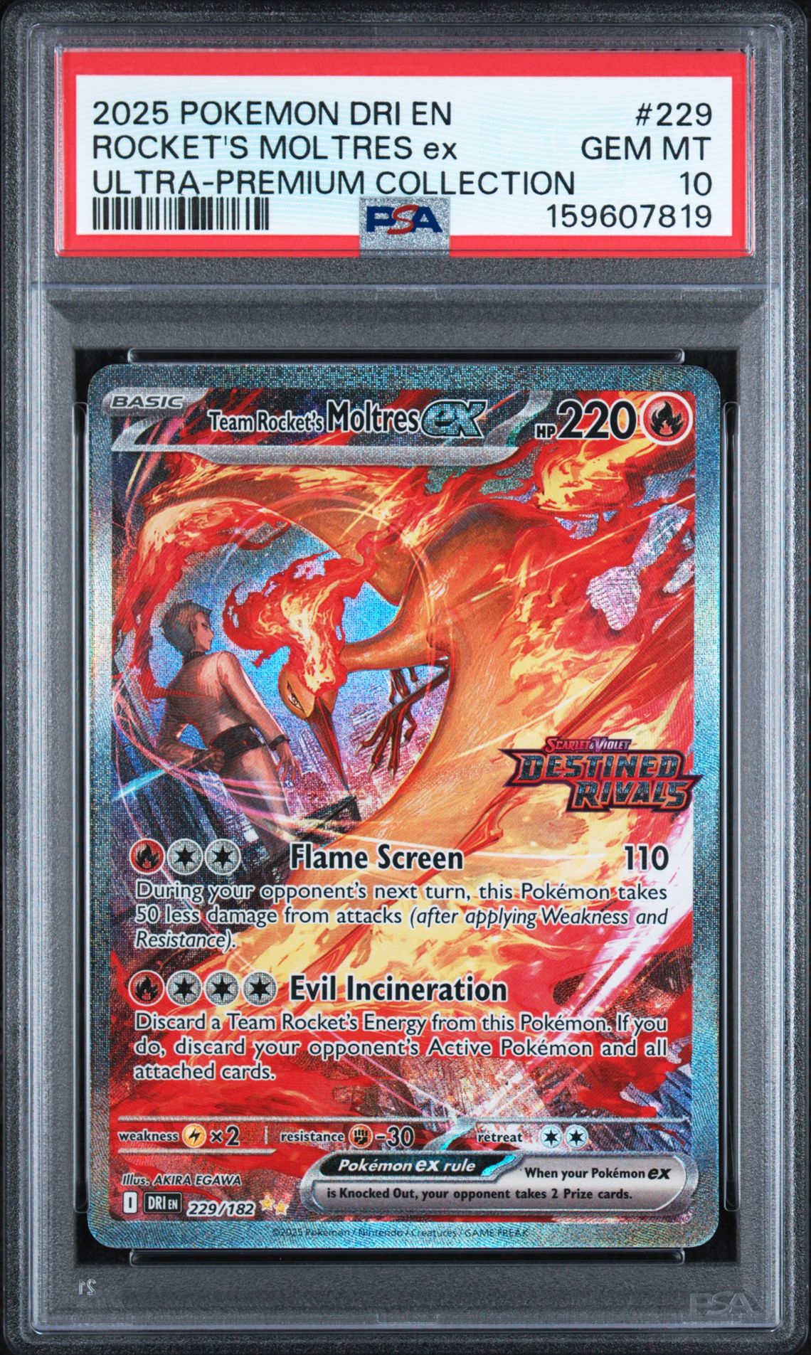 2025 Pokemon Dri En-Destined Rivals Rocket's Moltres Ex #229 (Ultra-Premium Collection) Gem Mt 10 front view - PSA graded GEM MT 10
