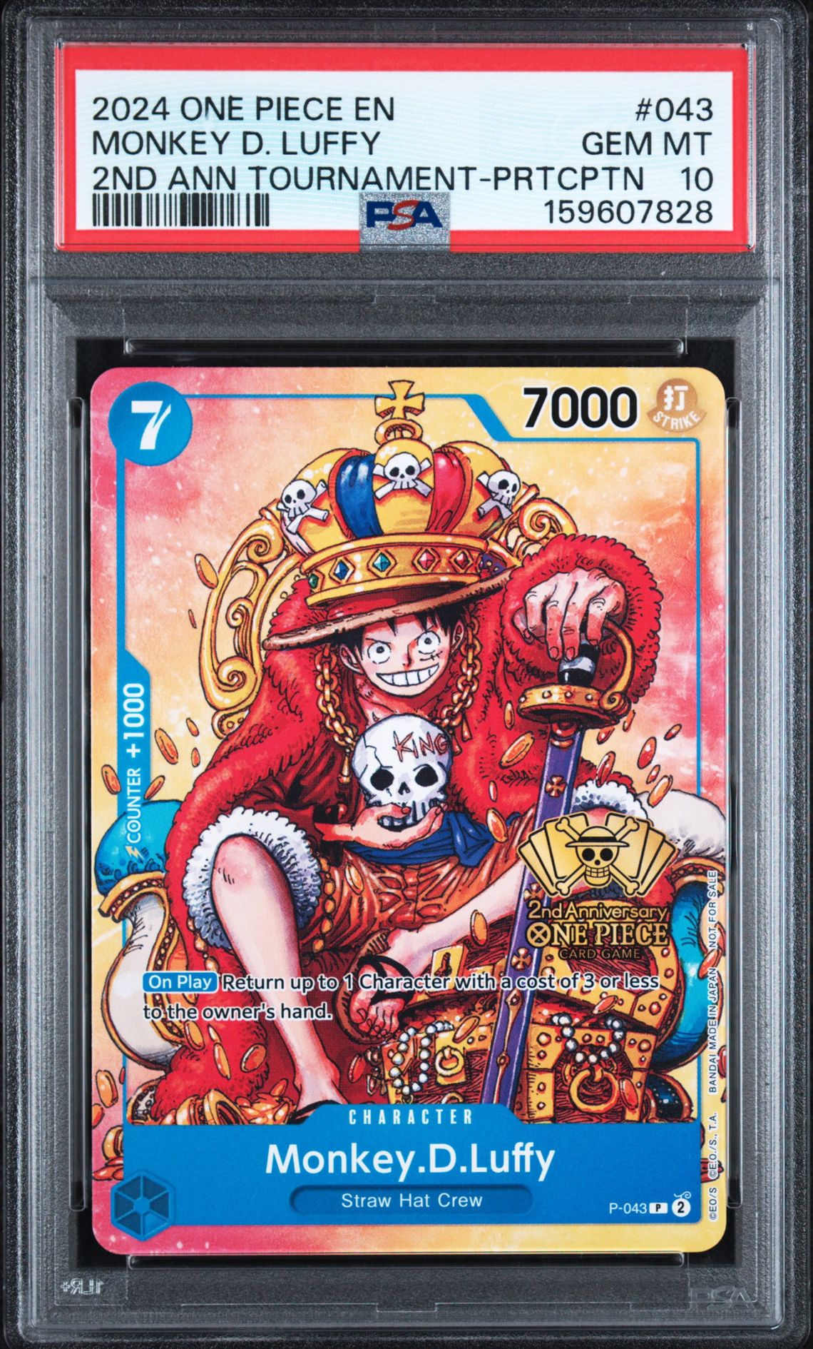 2024 One Piece Promos Monkey D. Luffy #043 (2Nd Anv Tournament-Prtcptn) Gem Mt 10 front view - PSA graded GEM MT 10