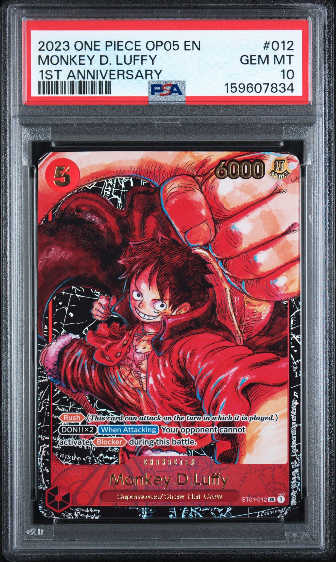 2023 ONE PIECE OP05-AWAKENING OF THE NEW ERA MONKEY D. LUFFY 1ST ANNIVERSARY 012 GEM MT 10 front