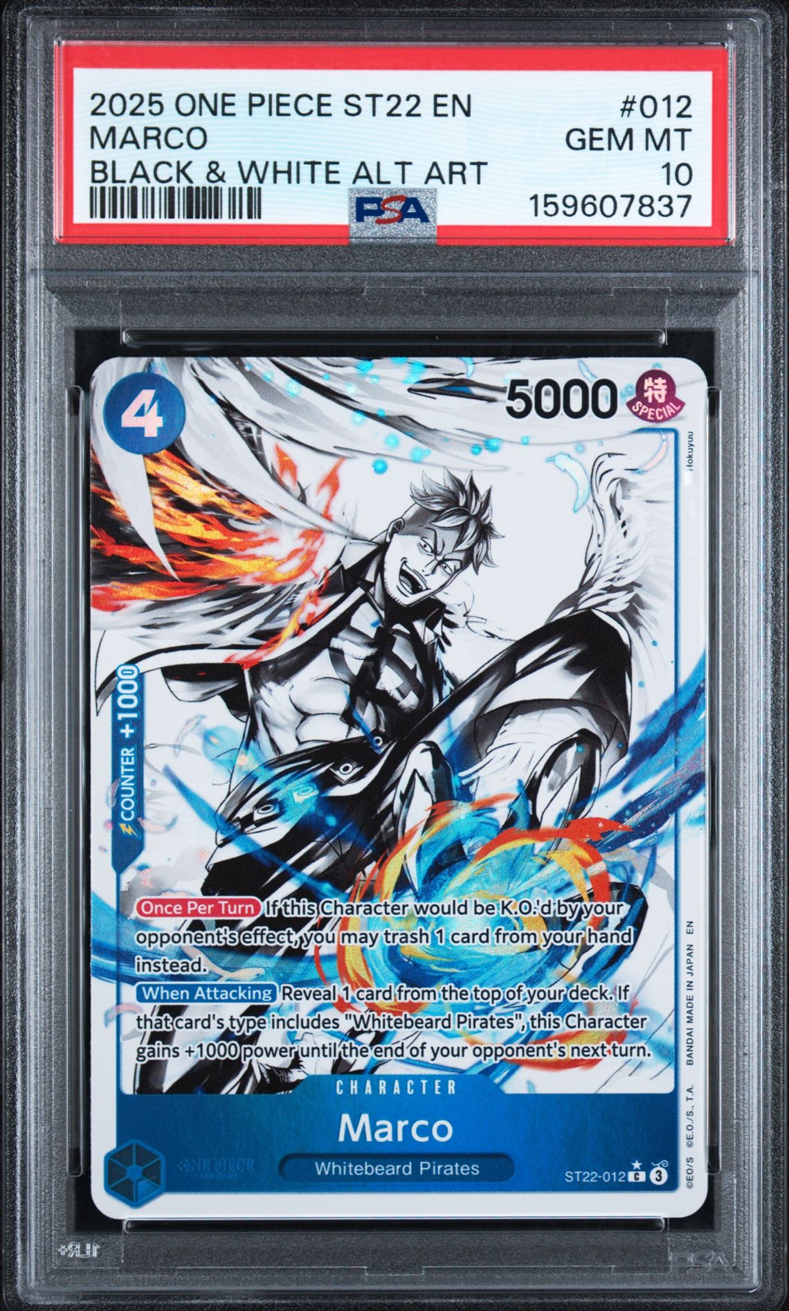 2025 One Piece Starter Deck St22-Ace & Newgate Marco #012 (Black & White Alt Art) Gem Mt 10 front view - PSA graded GEM MT 10
