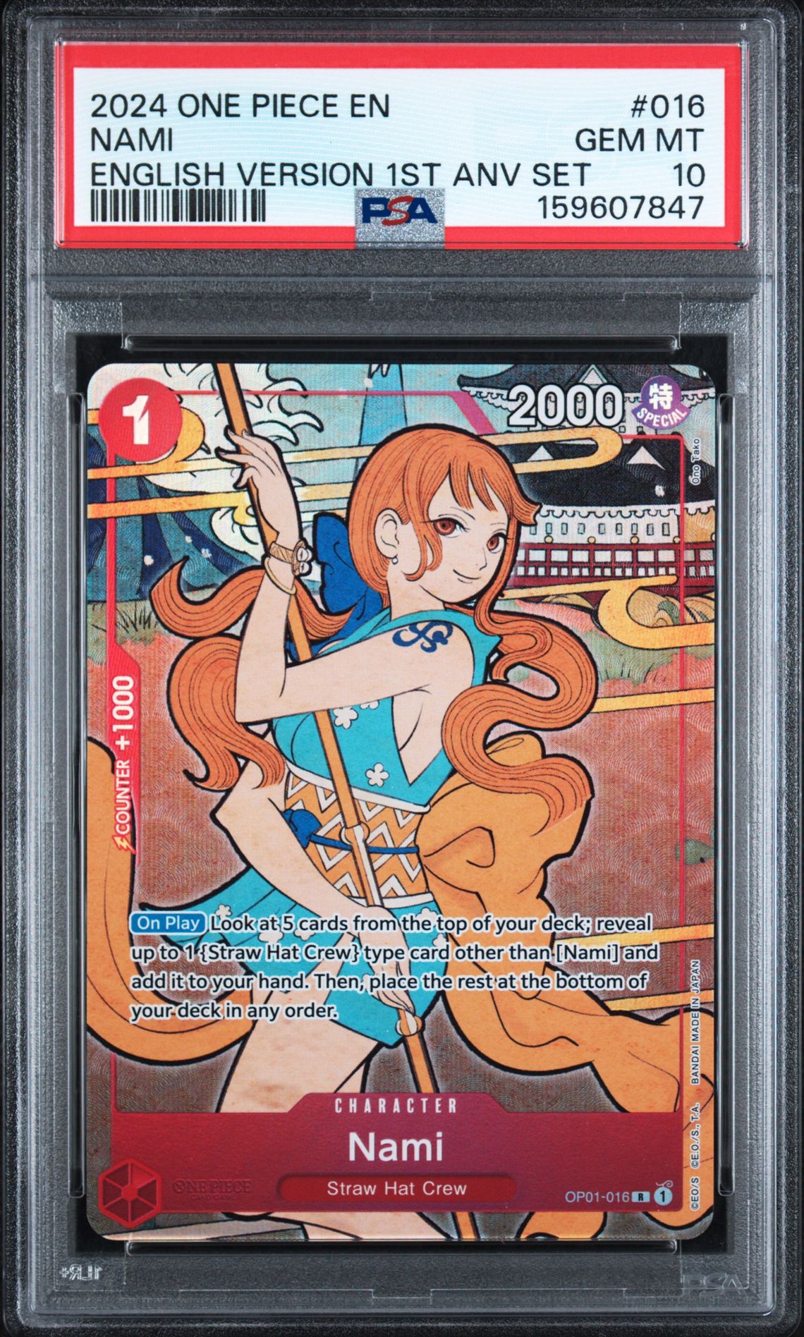 2024 One Piece English Version 1St Anniversary Set Nami #016 Gem Mt 10 front view - PSA graded GEM MT 10