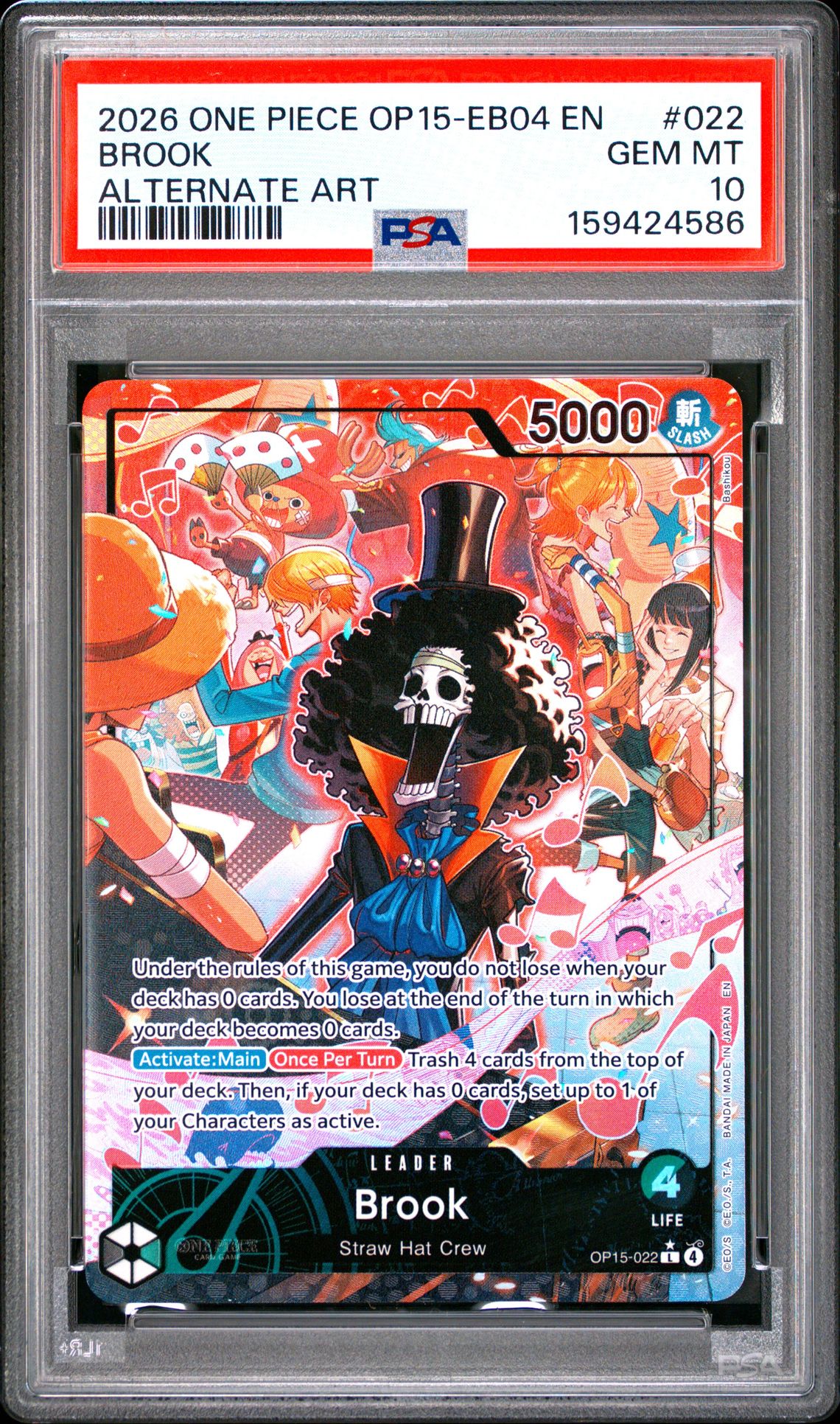 2026 One Piece Op15-Eb04-Adventure On Kami's Island Brook #022 (Alternate Art) Gem Mt 10 front view - PSA graded GEM MT 10