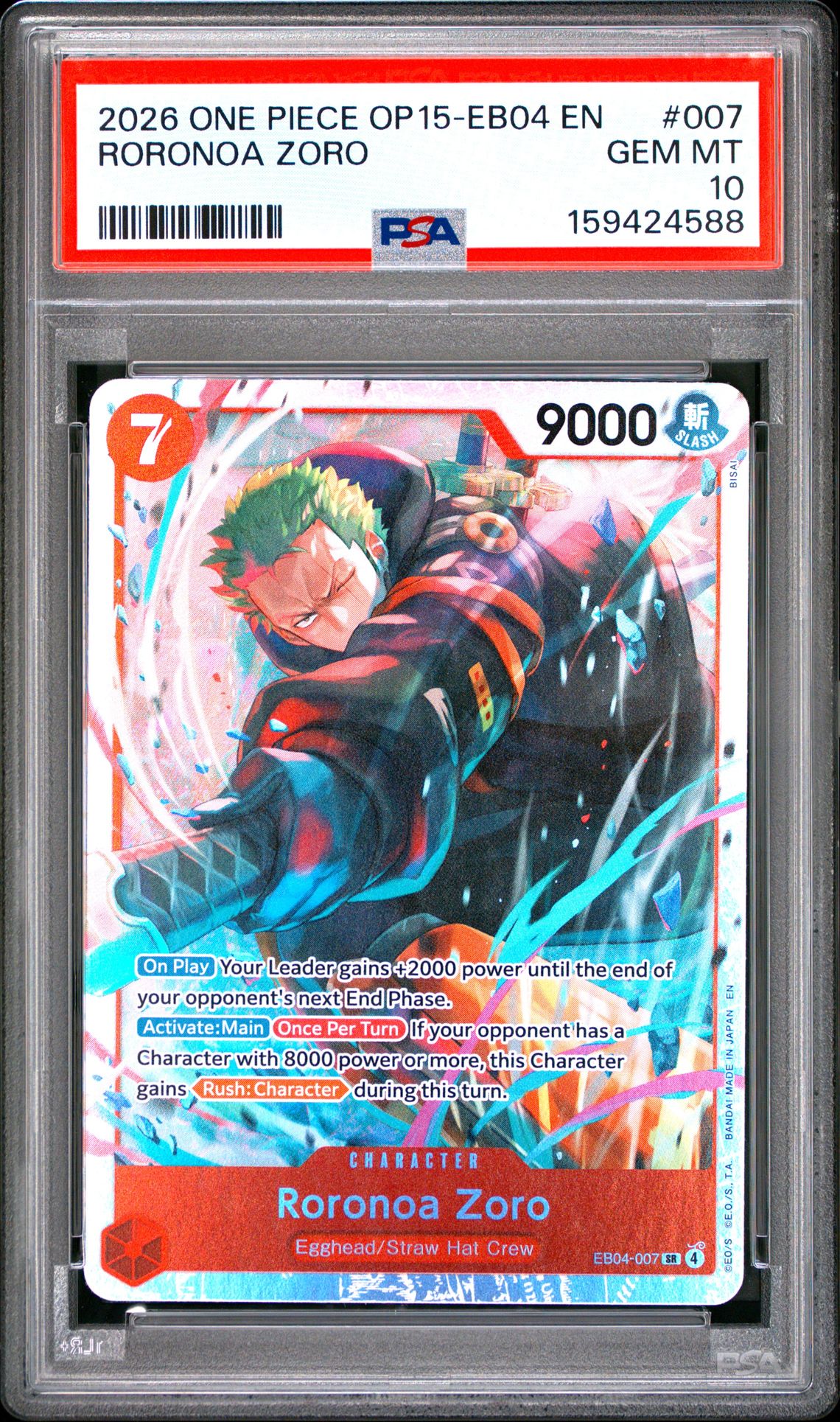 2026 One Piece Op15-Eb04-Adventure On Kami's Island Roronoa Zoro #007 Gem Mt 10 front view - PSA graded GEM MT 10