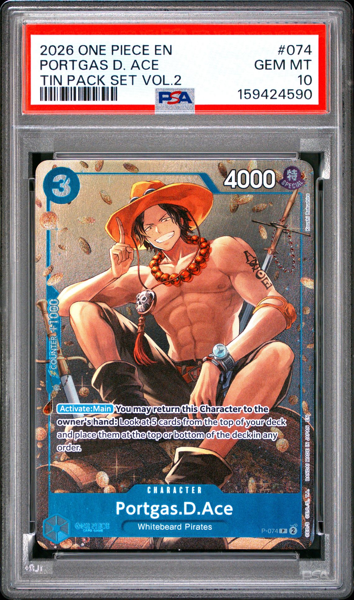 2026 One Piece Promos Portgas D. Ace #074 (Tin Pack Set Vol.2) Gem Mt 10 front view - PSA graded GEM MT 10