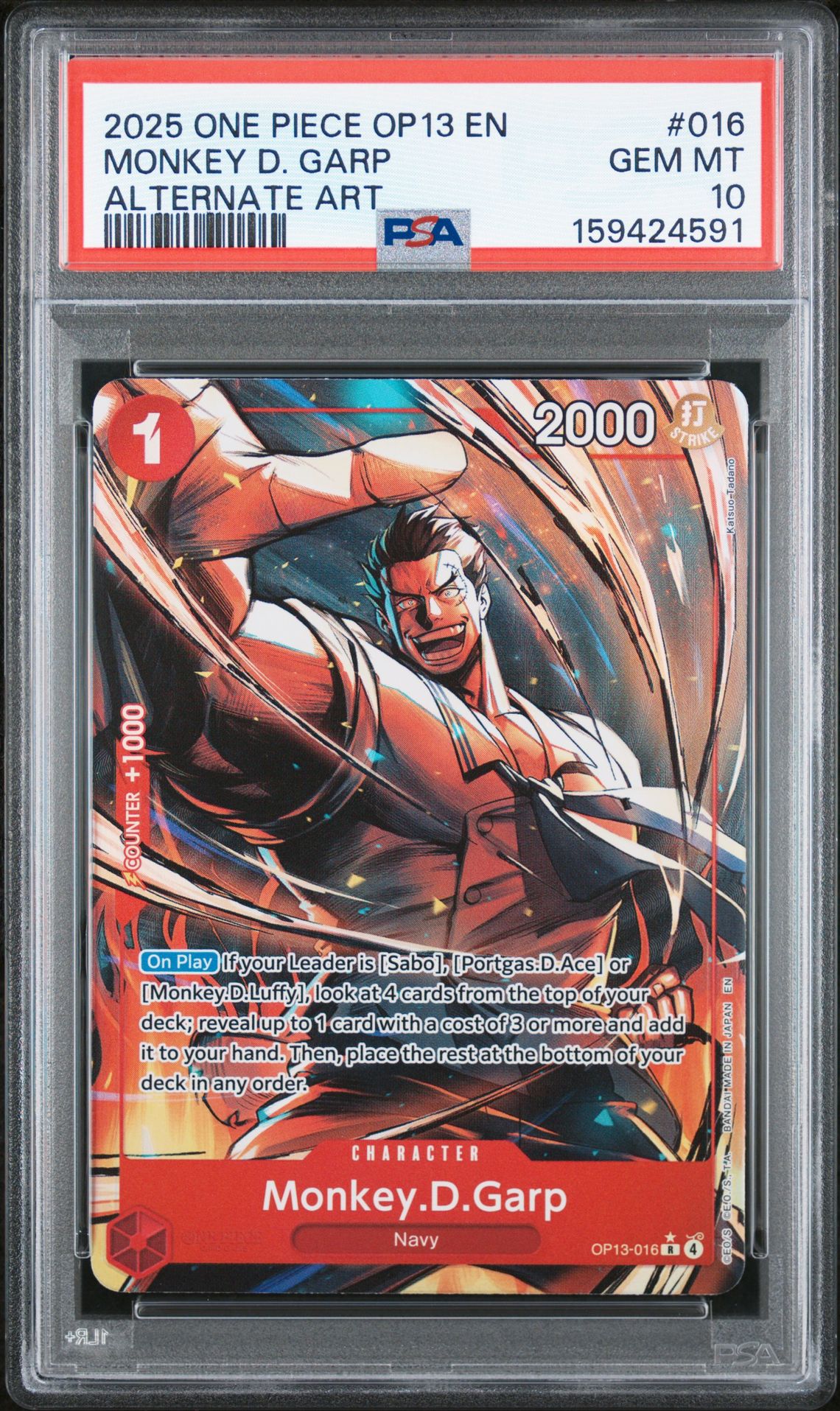 2025 One Piece Op13-Carrying On His Will Monkey D. Garp #016 (Alternate Art) Gem Mt 10 front view - PSA graded GEM MT 10