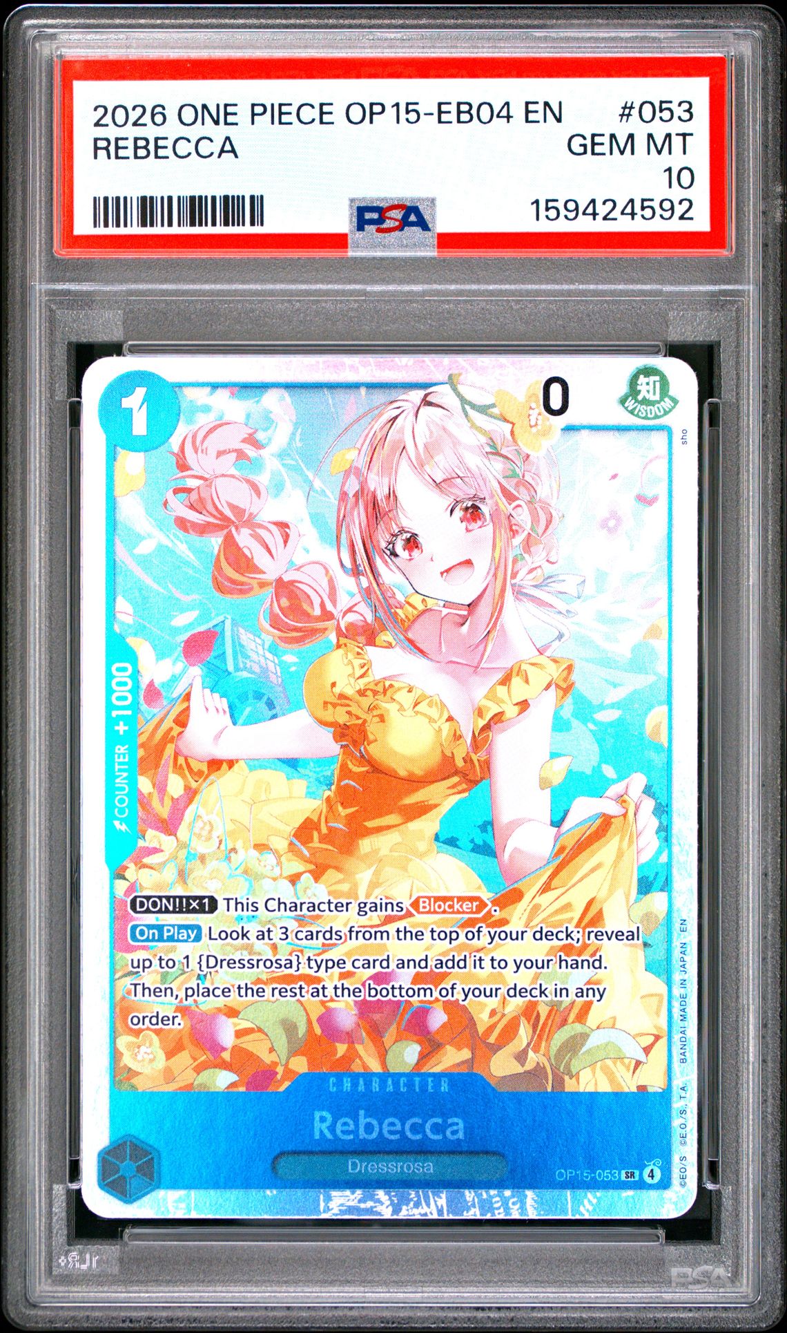 2026 One Piece Op15-Eb04-Adventure On Kami's Island Rebecca #053 Gem Mt 10 front view - PSA graded GEM MT 10