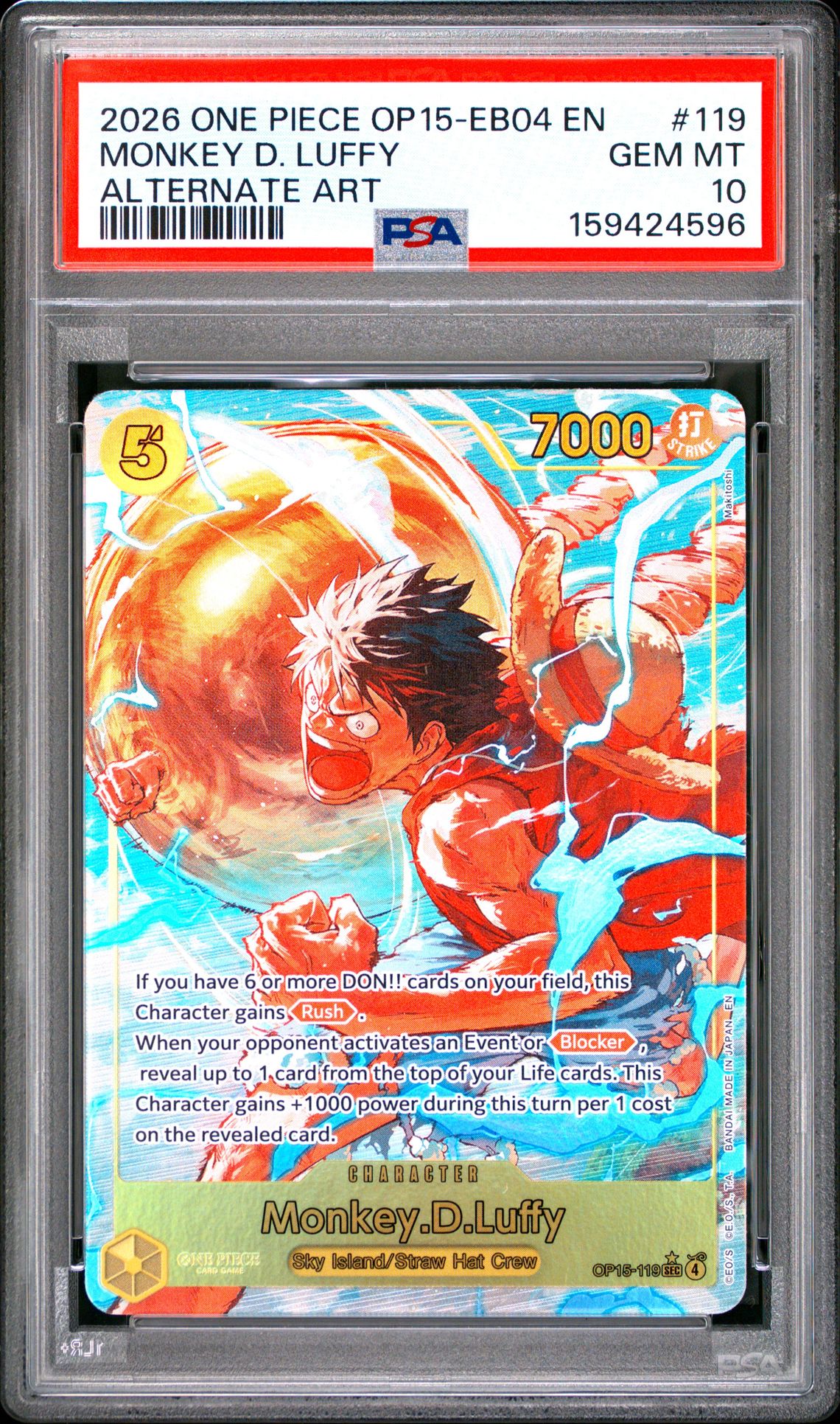 2026 One Piece Op15-Eb04-Adventure On Kami's Island Monkey D. Luffy #119 (Alternate Art) Gem Mt 10 front view - PSA graded GEM MT 10
