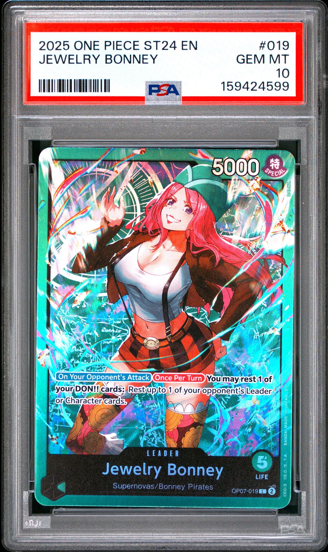 2025 One Piece Starter Deck St24-Green Jewelry Bonney Jewelry Bonney #019 Gem Mt 10 front view - PSA graded GEM MT 10