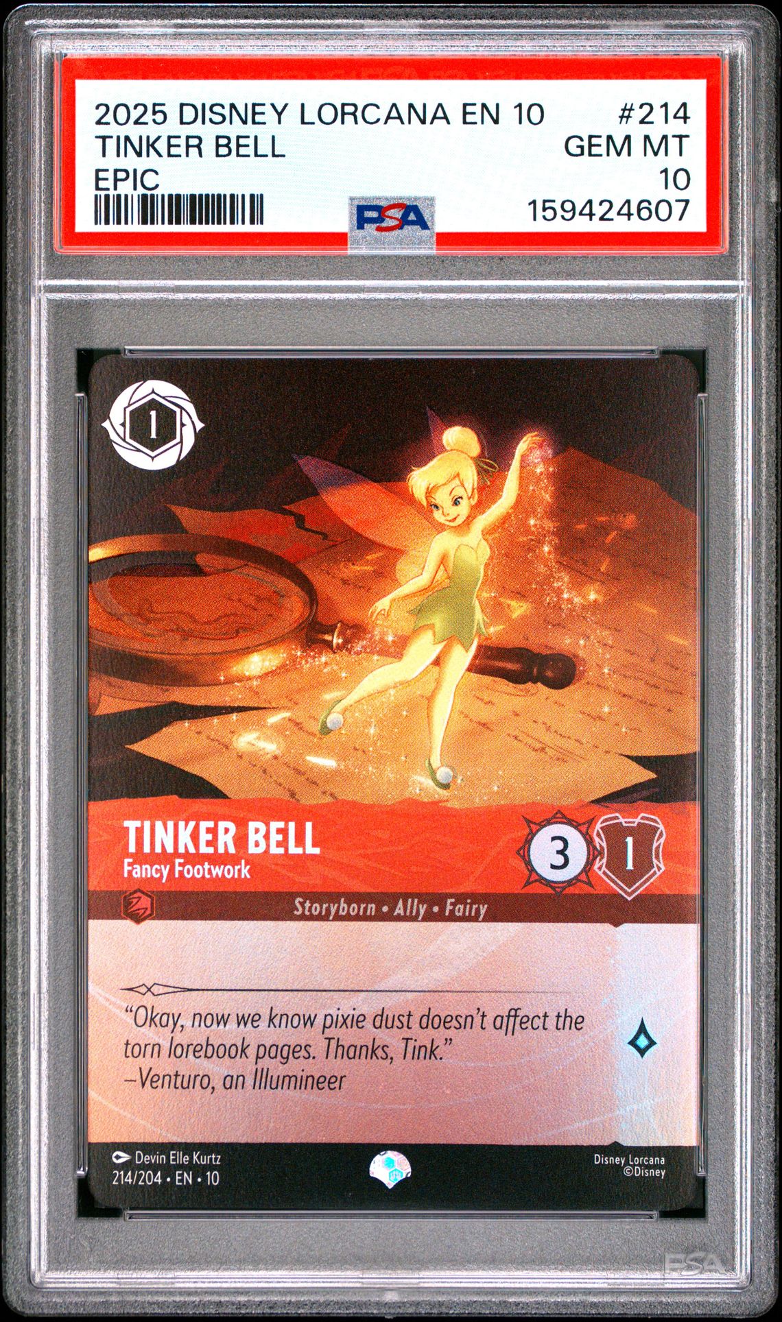 2025 DISNEY LORCANA EN 10-WHISPERS IN THE WELL TINKER BELL EPIC 214 GEM MT 10 front