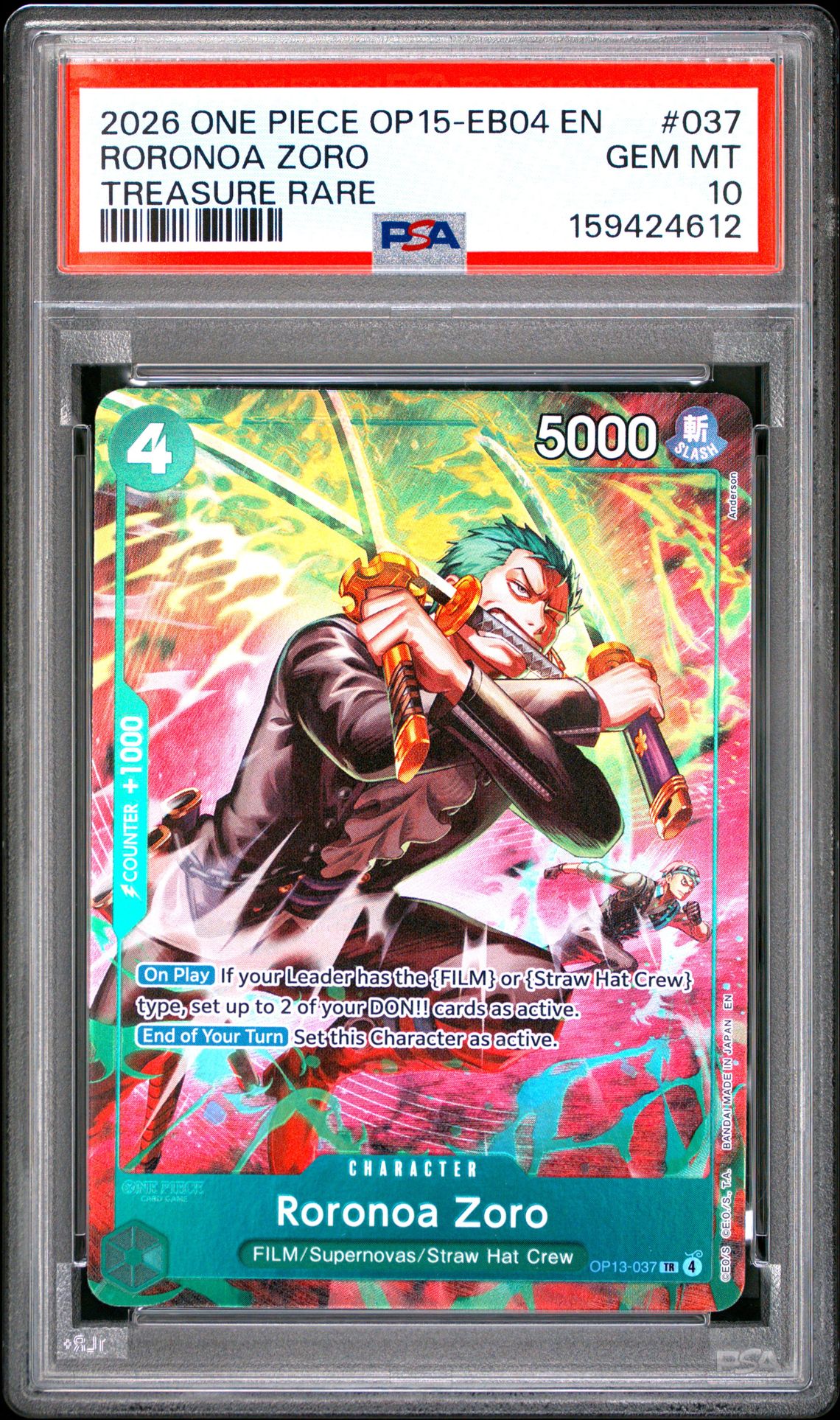 2026 One Piece Op15-Eb04-Adventure On Kami's Island Roronoa Zoro #037 (Treasure Rare) Gem Mt 10 front view - PSA graded GEM MT 10