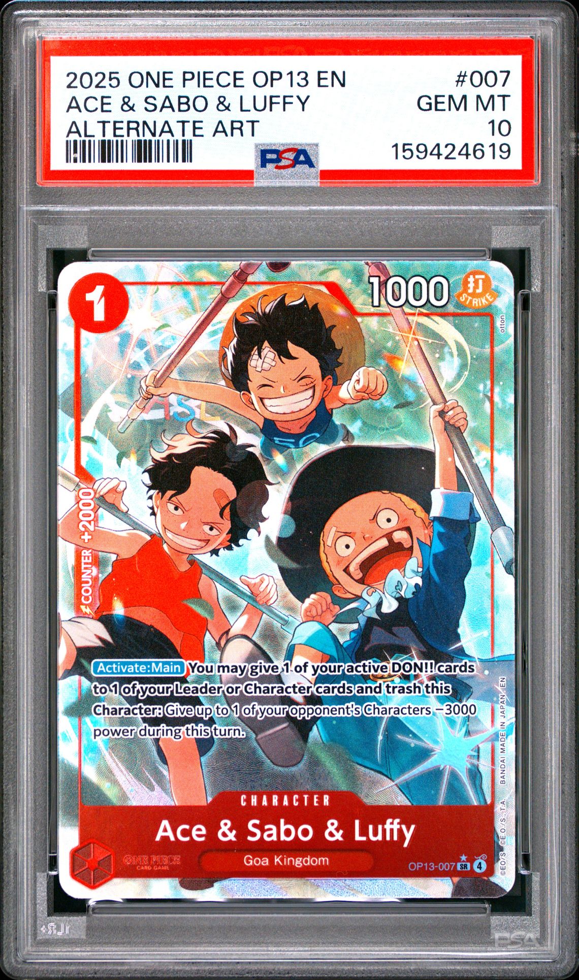 2025 One Piece Op13-Carrying On His Will Ace & Sabo & Luffy #007 (Alternate Art) Gem Mt 10 front view - PSA graded GEM MT 10