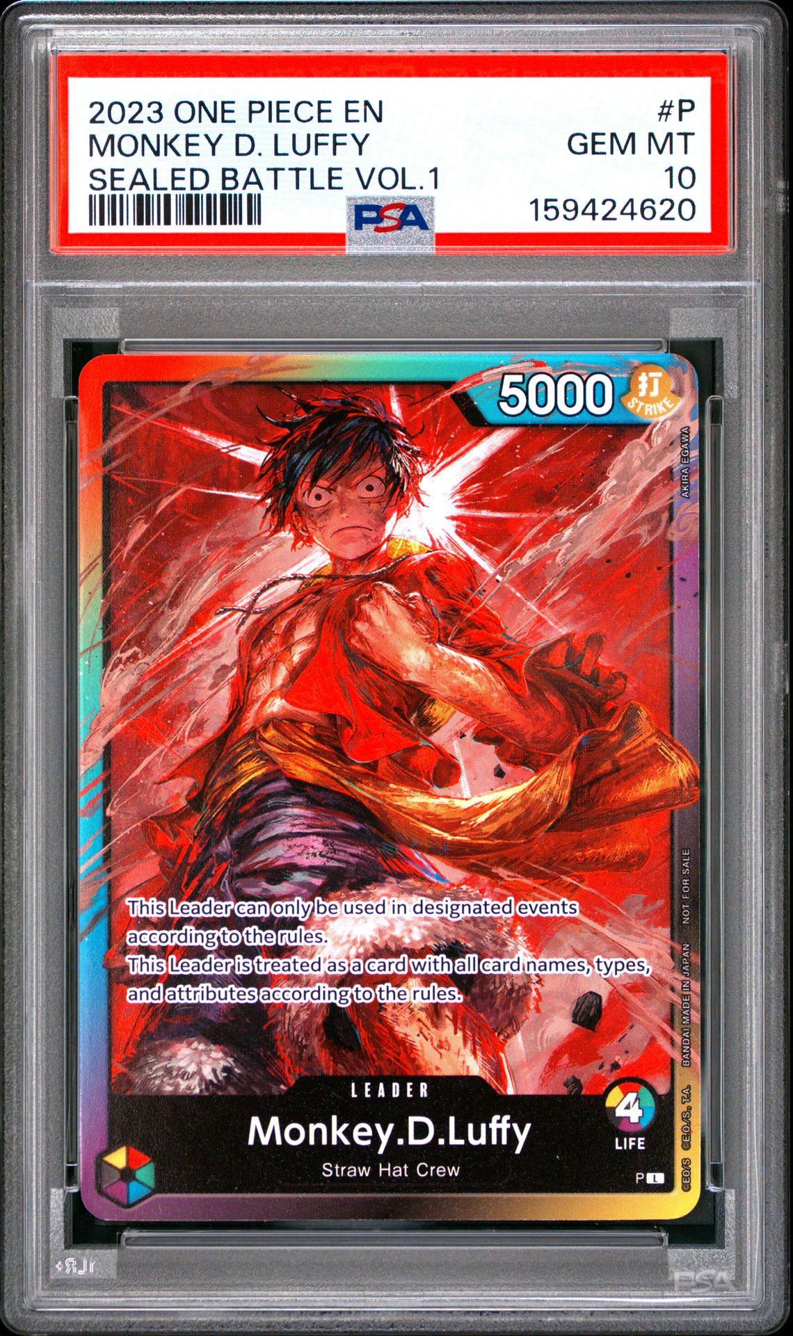 2023 ONE PIECE PROMOS MONKEY D. LUFFY SEALED BATTLE VOL.1 P GEM MT 10 front