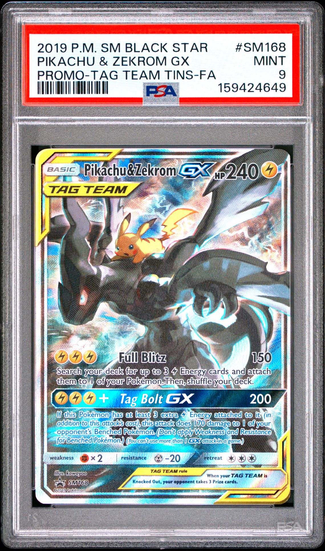 2019 Pokemon Sm Black Star Promo Pikachu & Zekrom Gx #Sm168 (Promo-Tag Team Tins-Fa) Mint 9 front