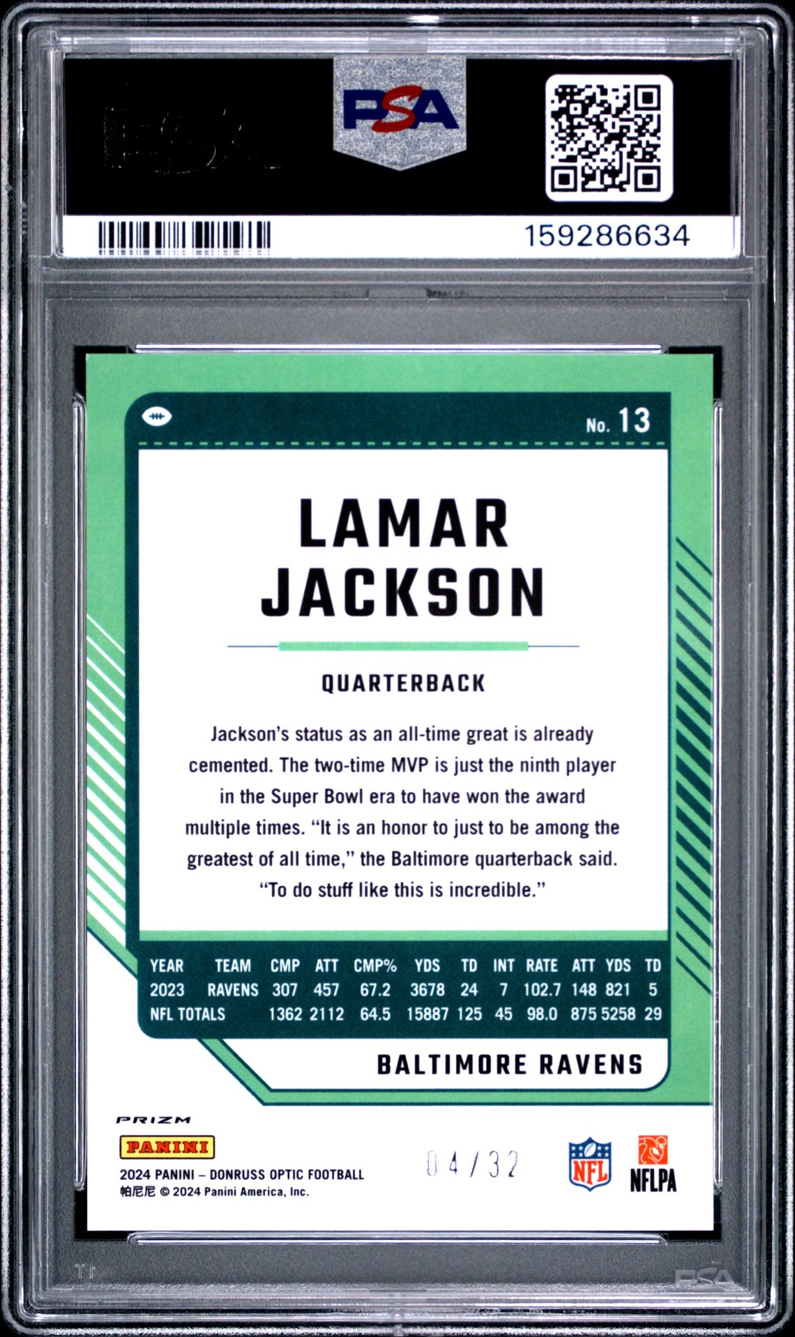 2024 Panini Donruss Optic Lamar Jackson #13 (Team Logo) Mint 9 back