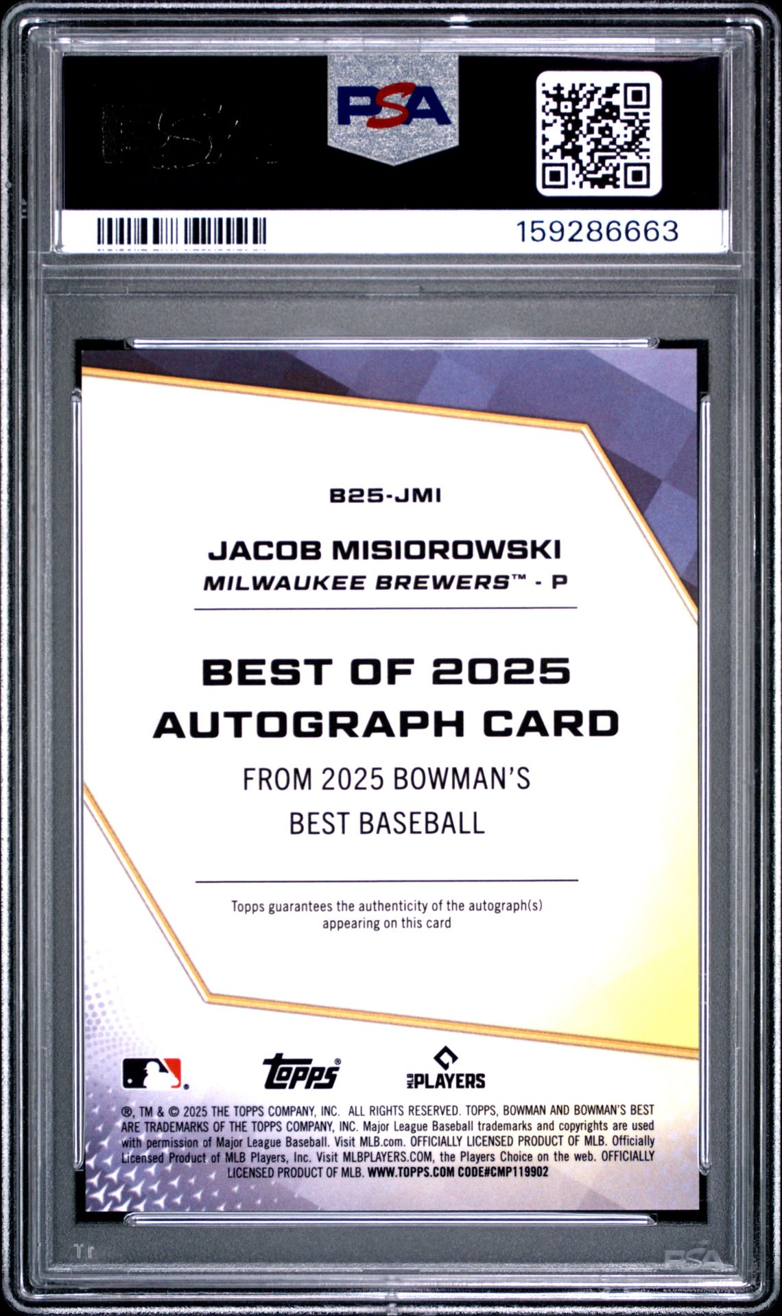2025 Bowman's Best Best Of 2025 Autographs Jacob Misiorowski #B25-Jmi (Best Of 2025 Auto-Blue Ref) Mint 9 back