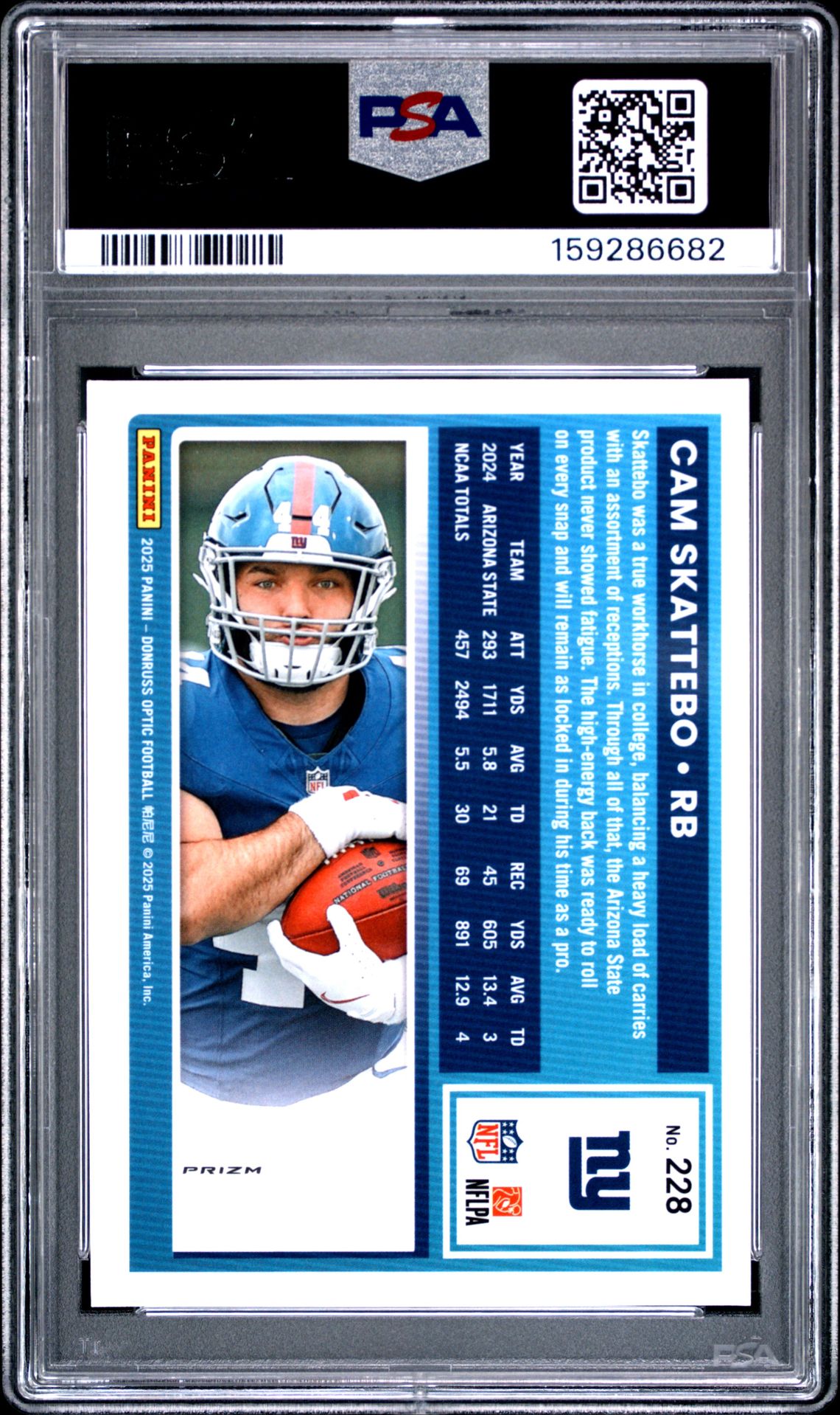 2025 Panini Donruss Optic Cam Skattebo #228 (Purple Shock) Gem Mt 10 back