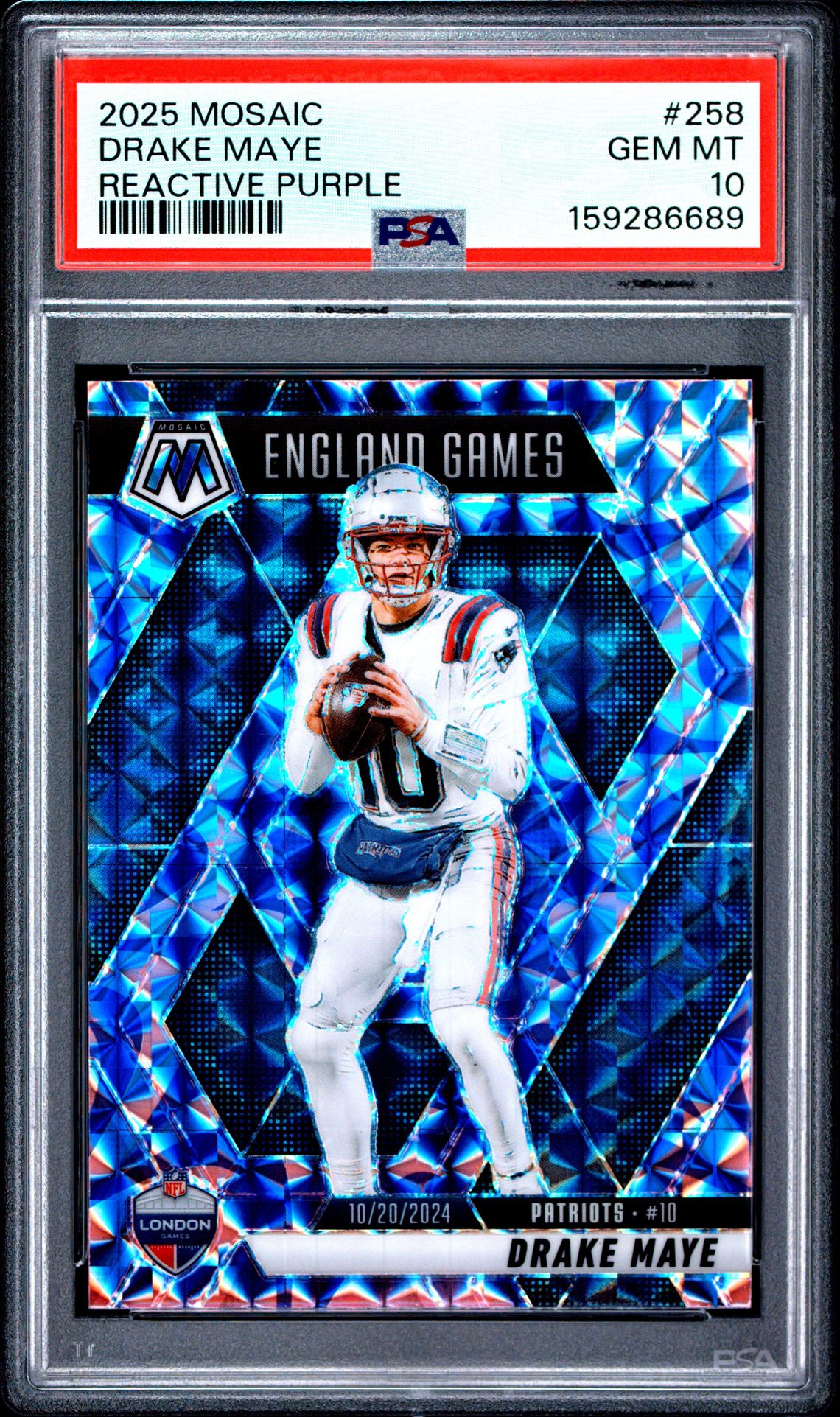 2025 PANINI MOSAIC DRAKE MAYE REACTIVE PURPLE 258 GEM MT 10 front