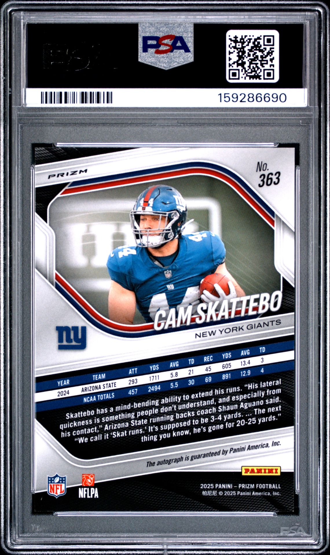 2025 Panini Prizm Cam Skattebo #363 (Autograph-Silver Prizm) Gem Mt 10 back