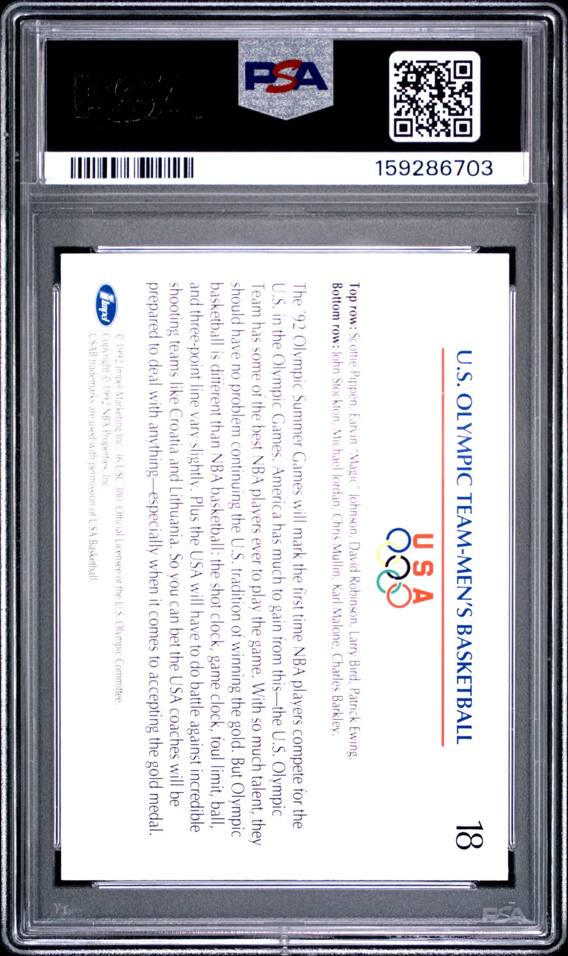 1992 Impel Olympicards U.s. Olympic Team #18 (Men's Basketball) Mint 9 back
