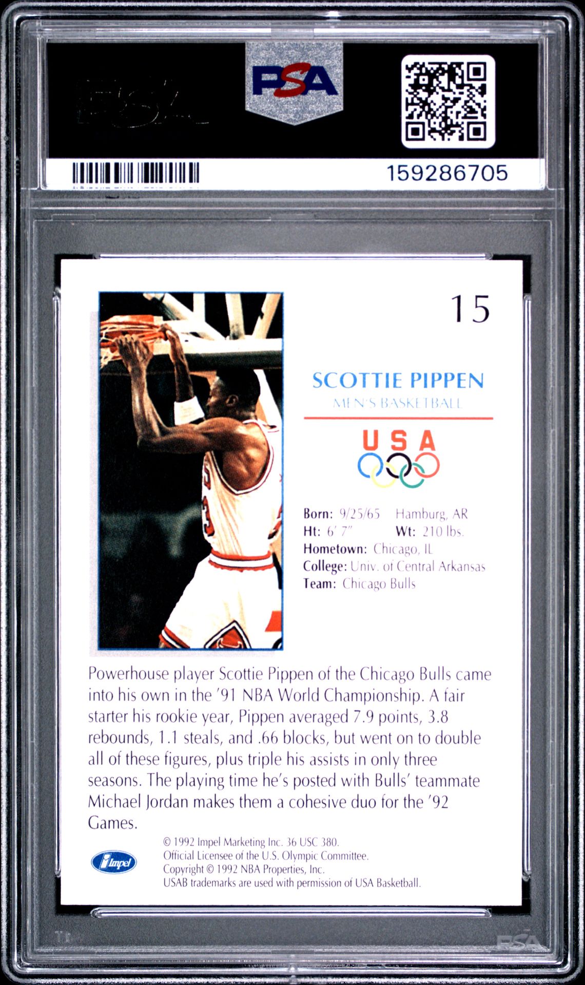 1992 Impel Olympicards Scottie Pippen #15 (Basketball) Mint 9 back