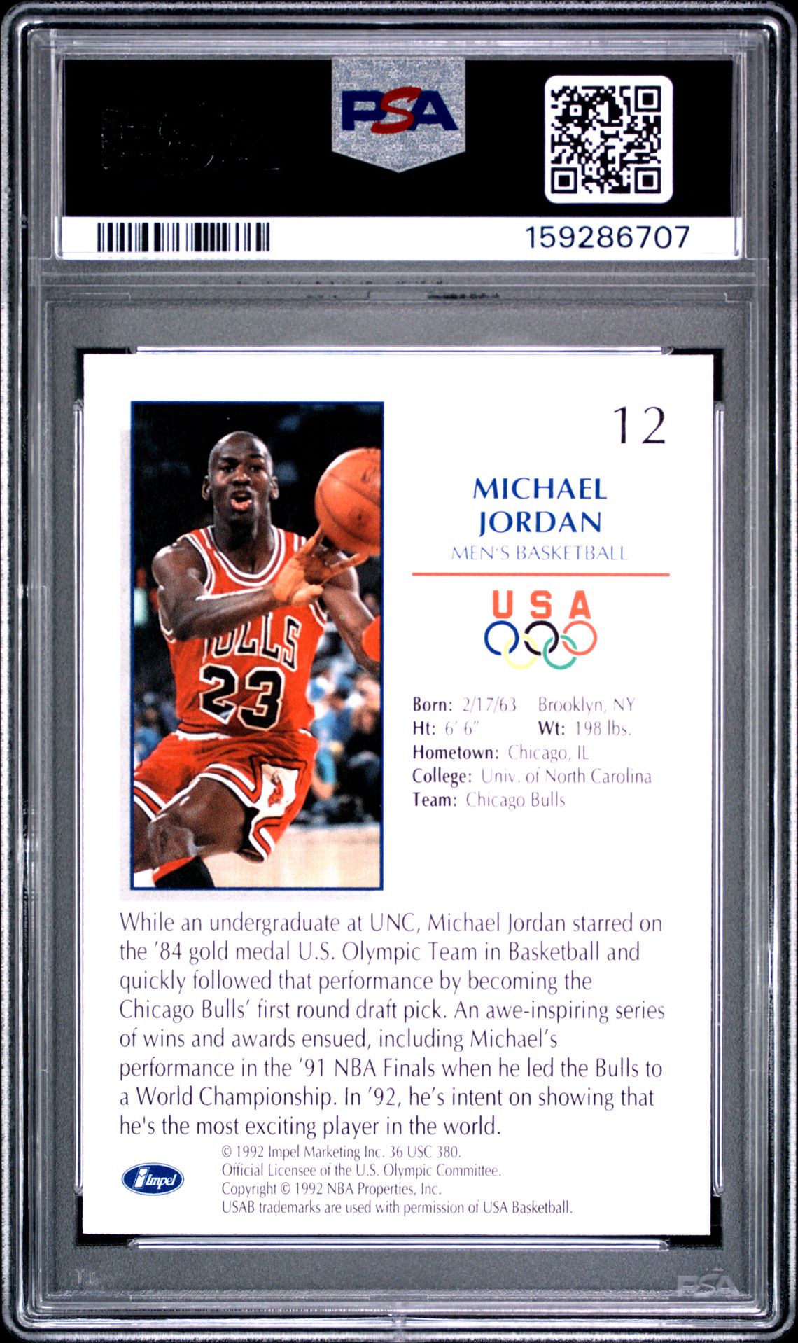 1992 Impel Olympicards Michael Jordan #12 (Basketball) Ex-Mt 6 back