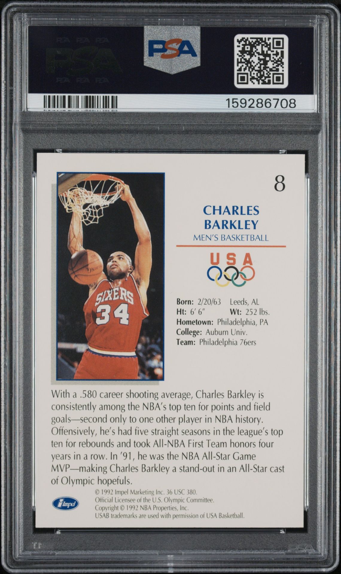 1992 Impel Olympicards Charles Barkley #8 (Basketball) Mint 9 back
