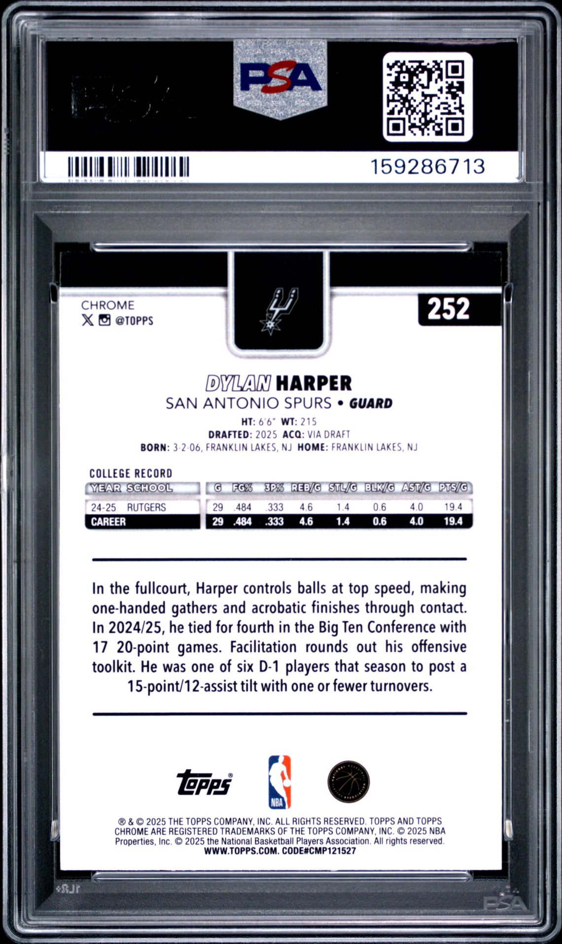 2025 Topps Chrome Dylan Harper #252 Mint 9 back