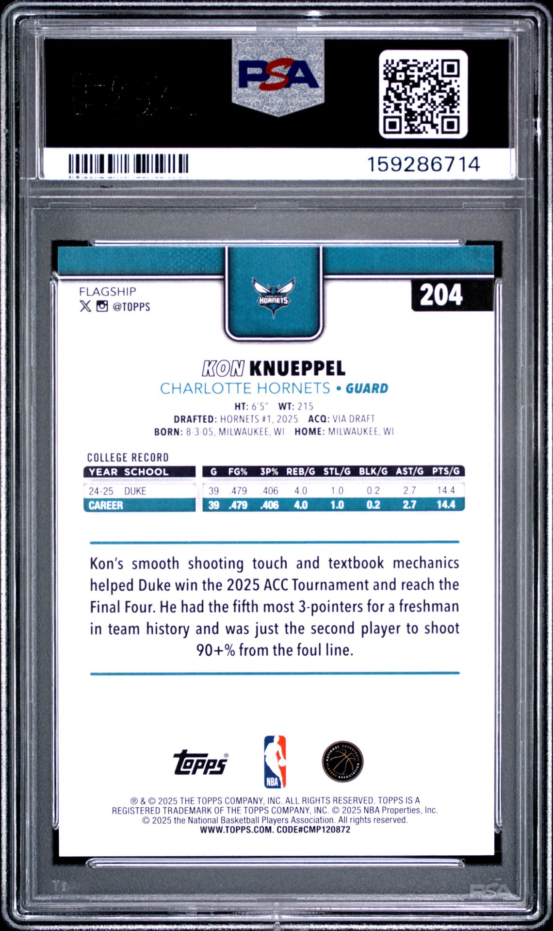 2025 Topps Kon Knueppel #204 Gem Mt 10 back