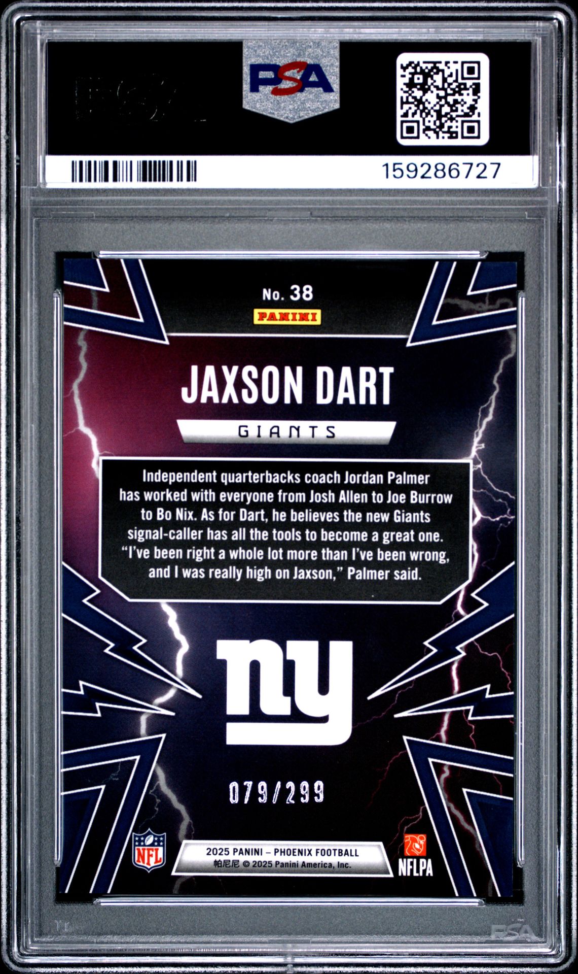 2025 Panini Phoenix Thunderbirds Jaxson Dart #38 (Thunderbirds-Slv Pyramids) Gem Mt 10 back view - PSA certificate #159286727