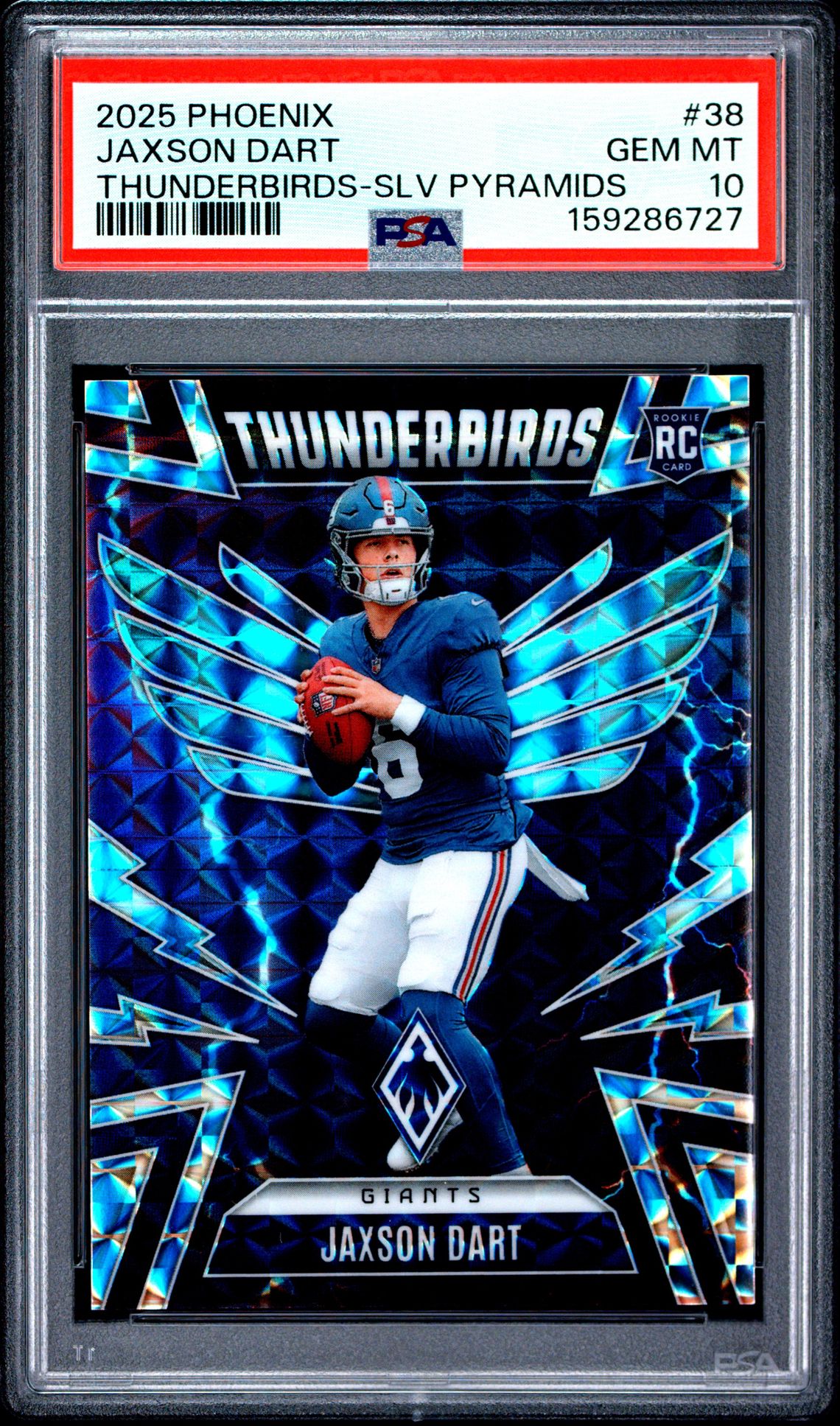 2025 Panini Phoenix Thunderbirds Jaxson Dart #38 (Thunderbirds-Slv Pyramids) Gem Mt 10 front view - PSA graded GEM MT 10