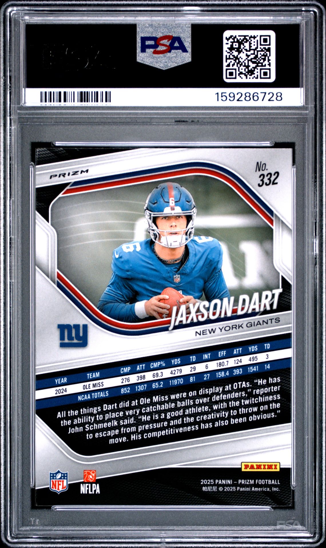 2025 Panini Prizm Jaxson Dart #332 (Lazer Prizm) Gem Mt 10 back view - PSA certificate #159286728