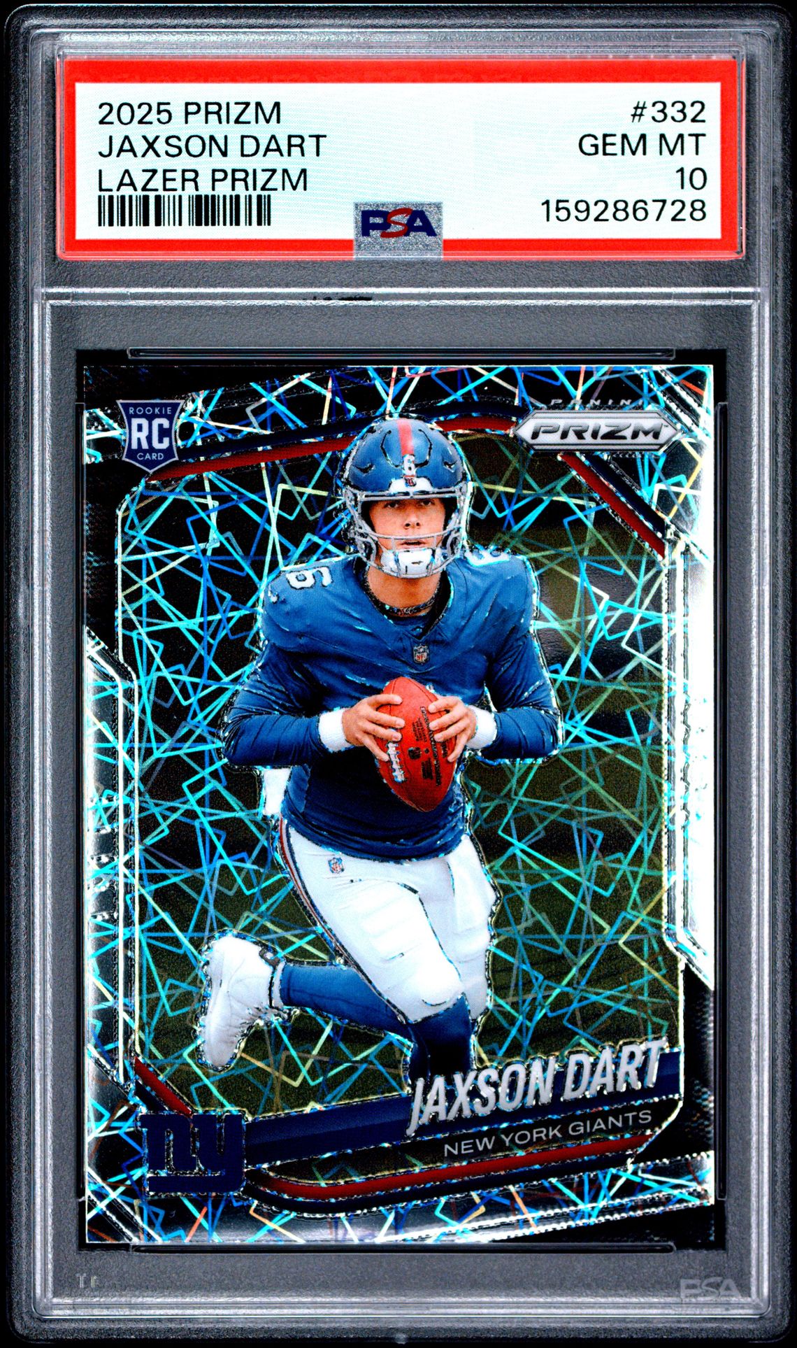 2025 Panini Prizm Jaxson Dart #332 (Lazer Prizm) Gem Mt 10 front view - PSA graded GEM MT 10