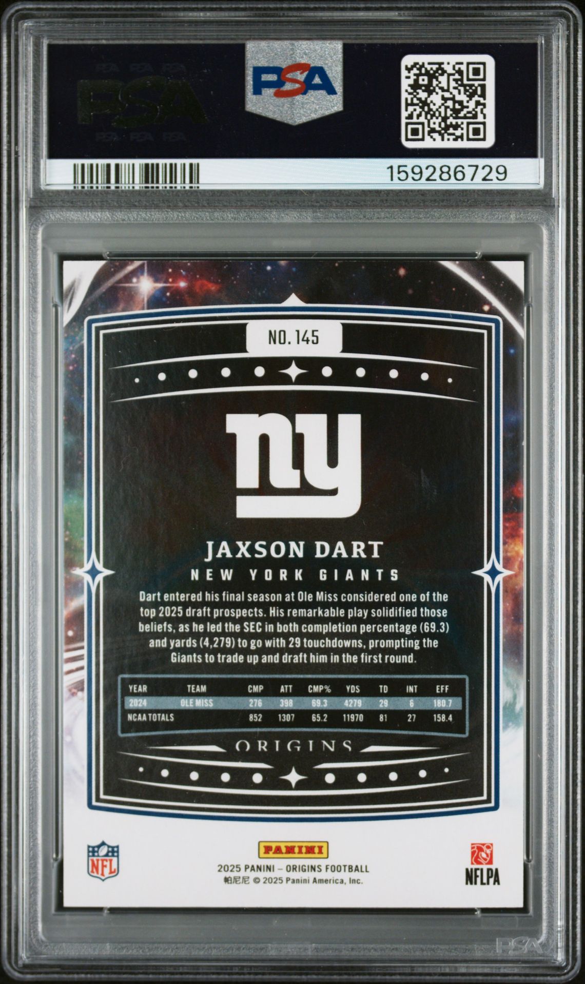 2025 Panini Origins Jaxson Dart #145 (Orange) Gem Mt 10 back view - PSA certificate #159286729