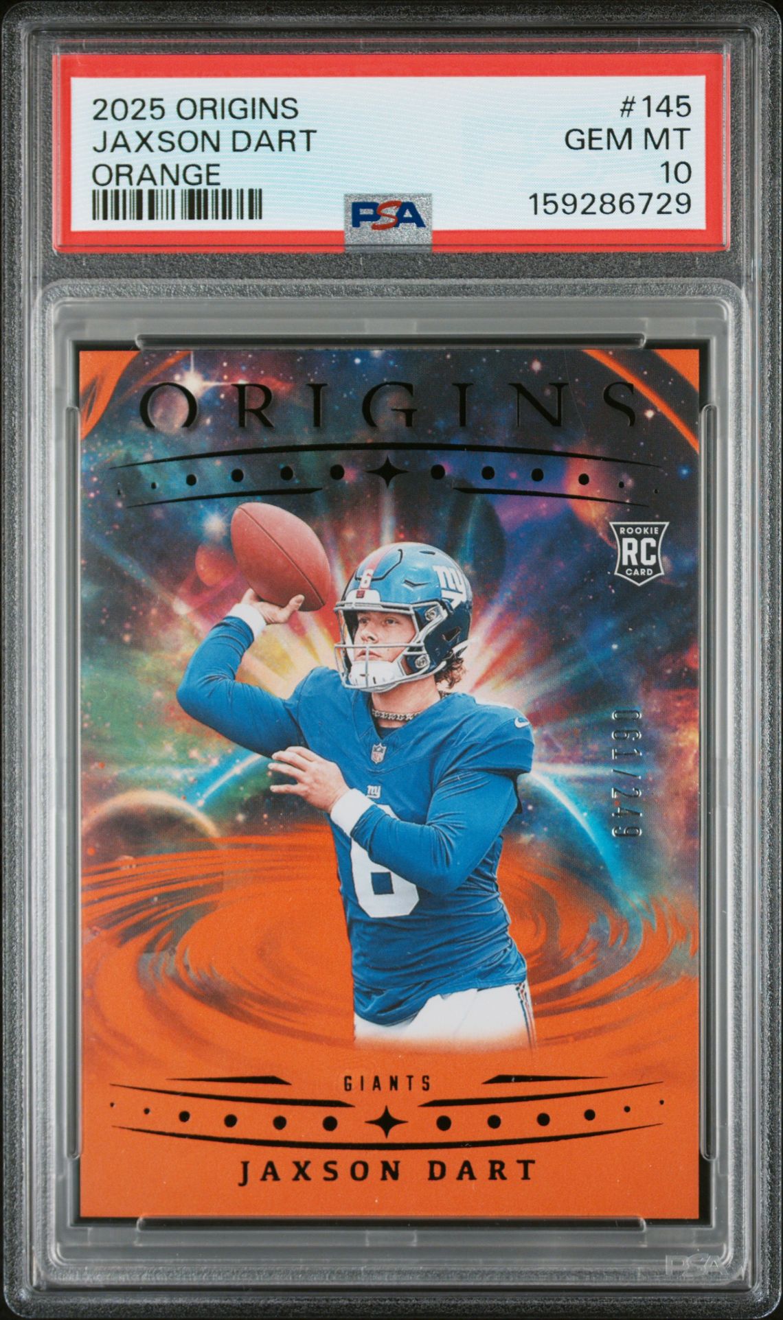 2025 Panini Origins Jaxson Dart #145 (Orange) Gem Mt 10 front view - PSA graded GEM MT 10