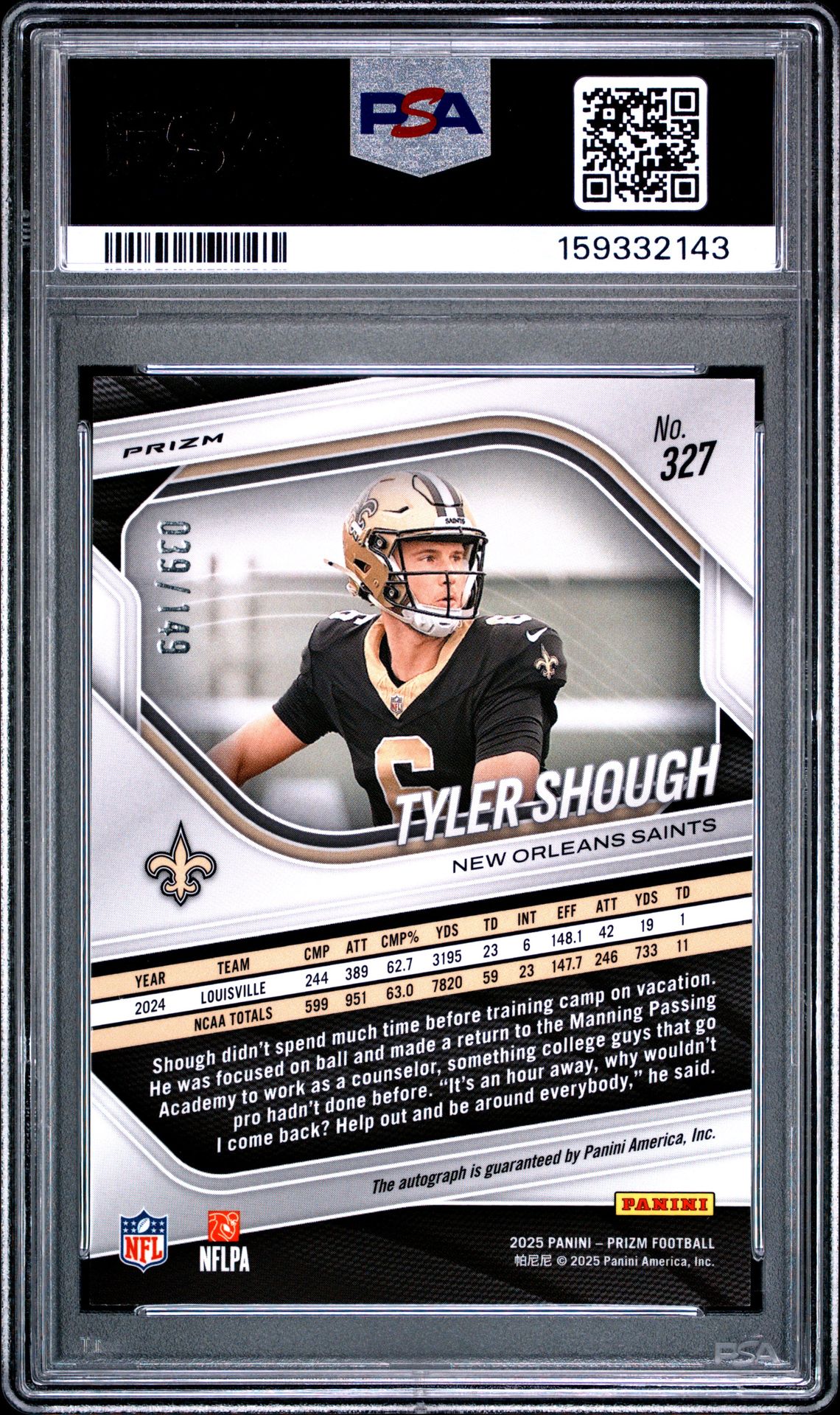 2025 Panini Prizm Tyler Shough #327 (Autograph-Red Wave) Gem Mt 10 back view - PSA certificate #159332143