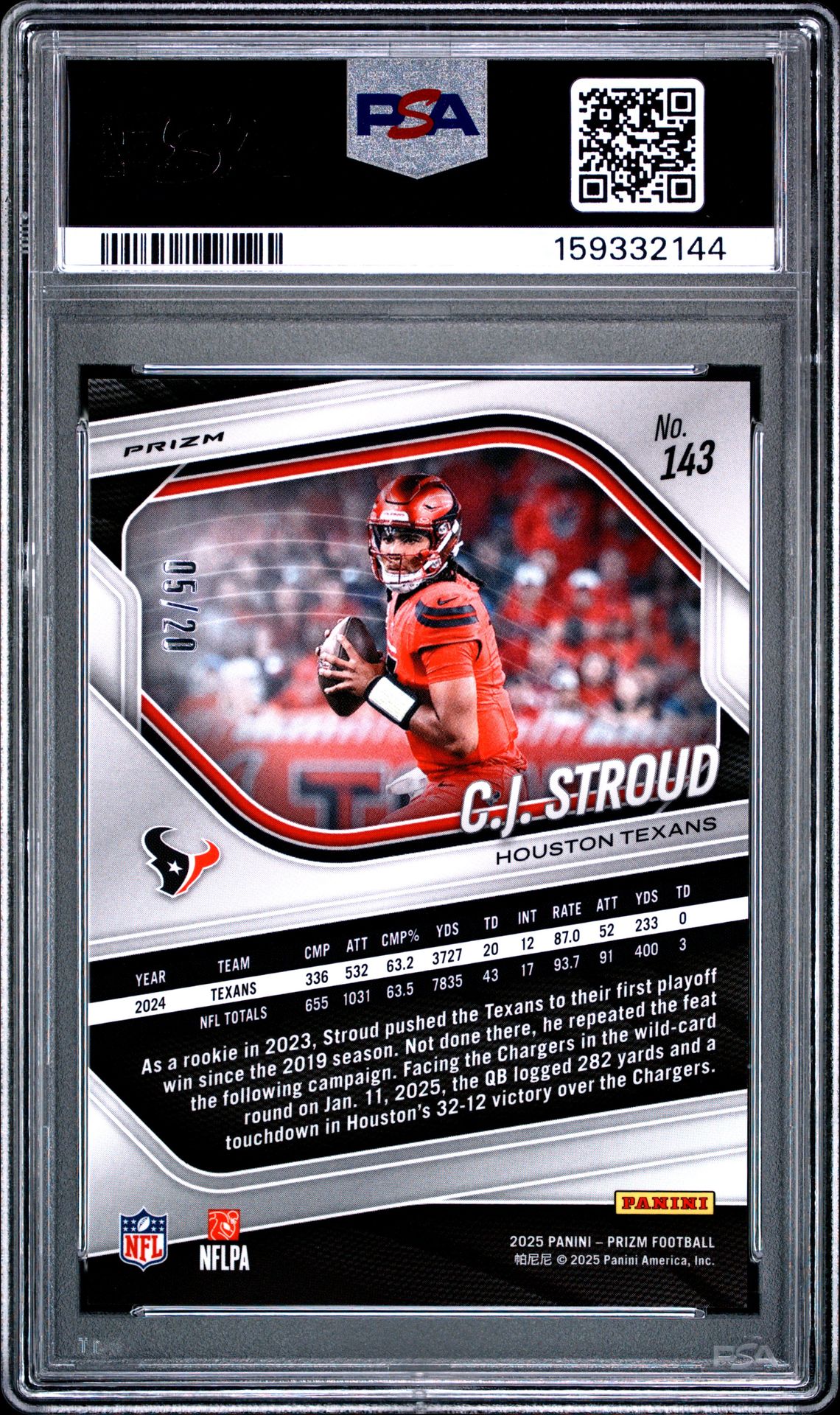 2025 Panini Prizm Cj Stroud #143 (Red Choice) Gem Mt 10 back view - PSA certificate #159332144