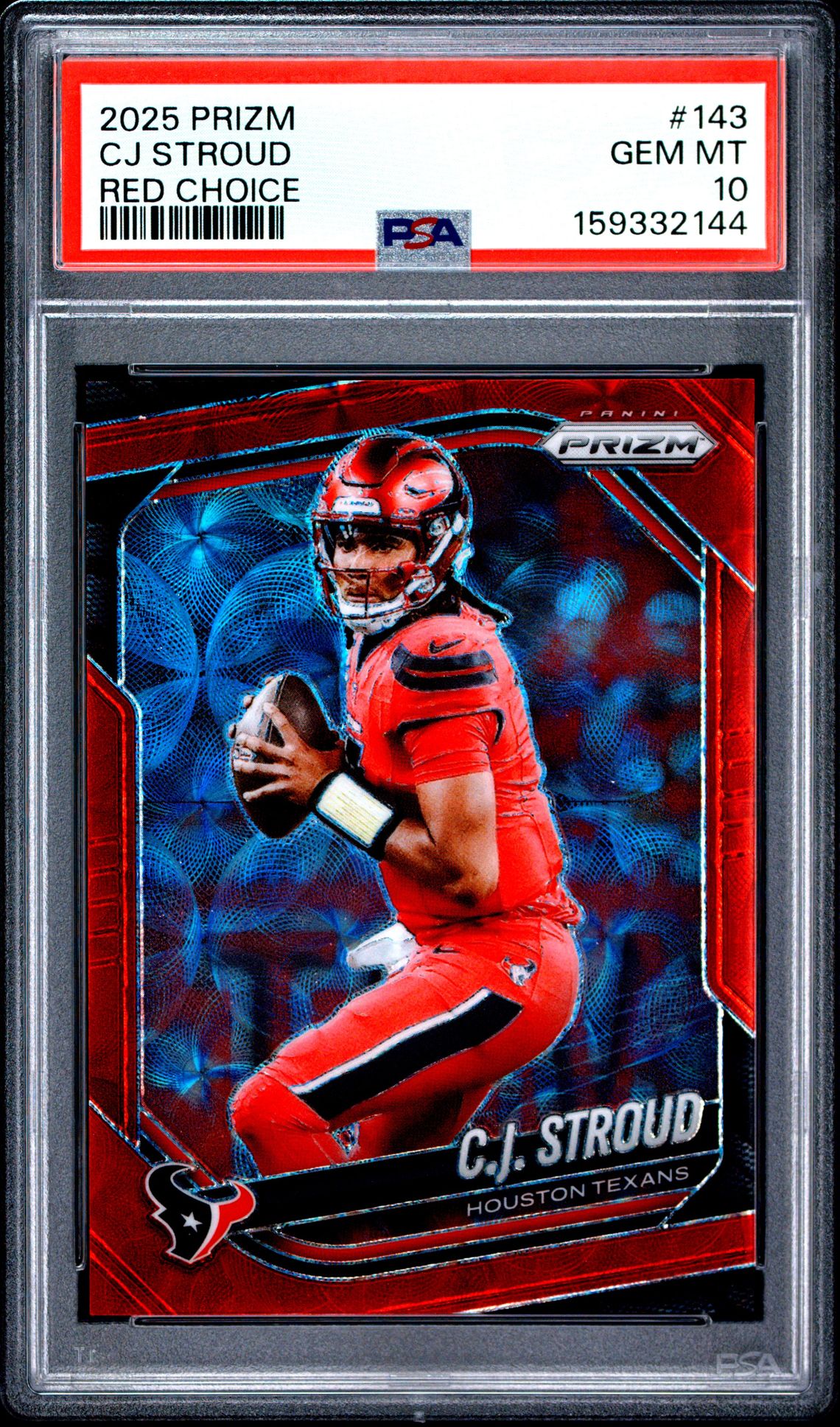 2025 Panini Prizm Cj Stroud #143 (Red Choice) Gem Mt 10 front view - PSA graded GEM MT 10