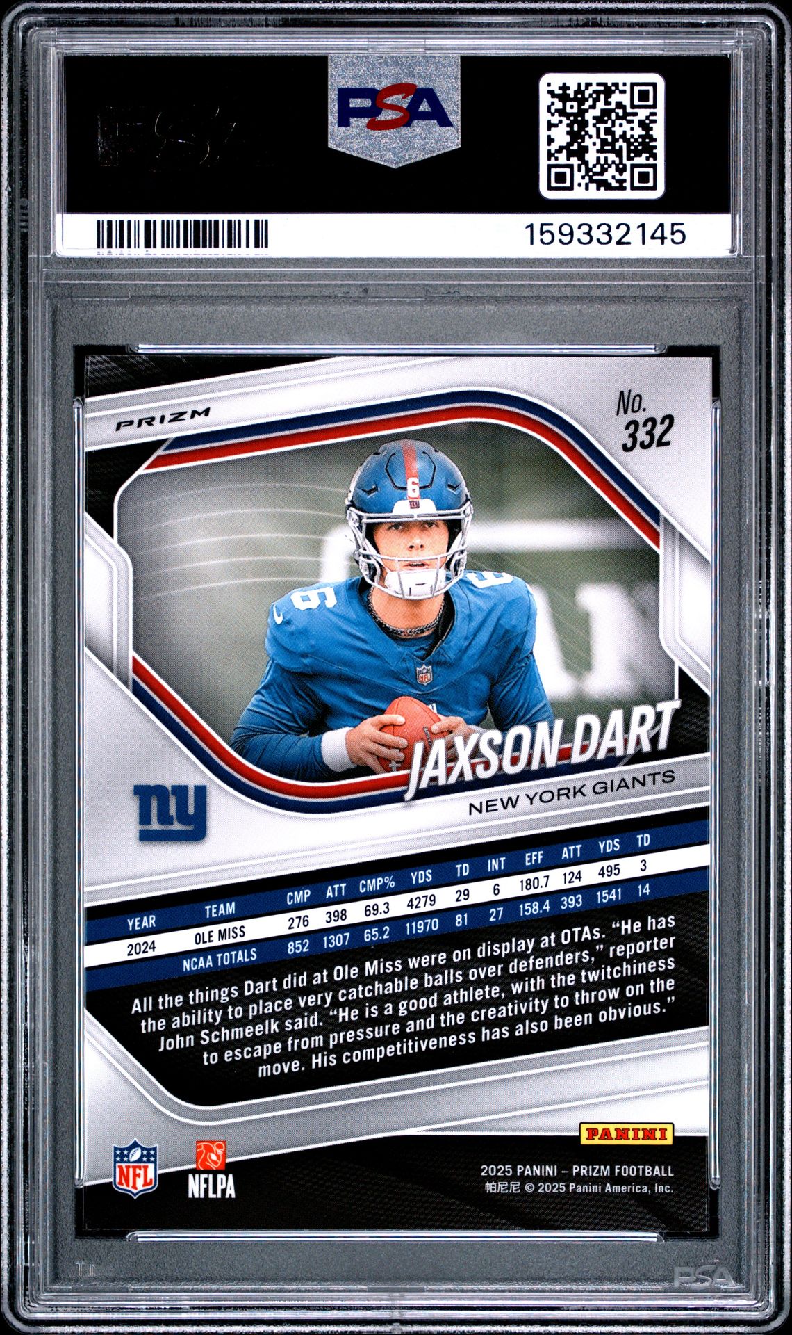 2025 Panini Prizm Jaxson Dart #332 (White Disco) Mint 9 back