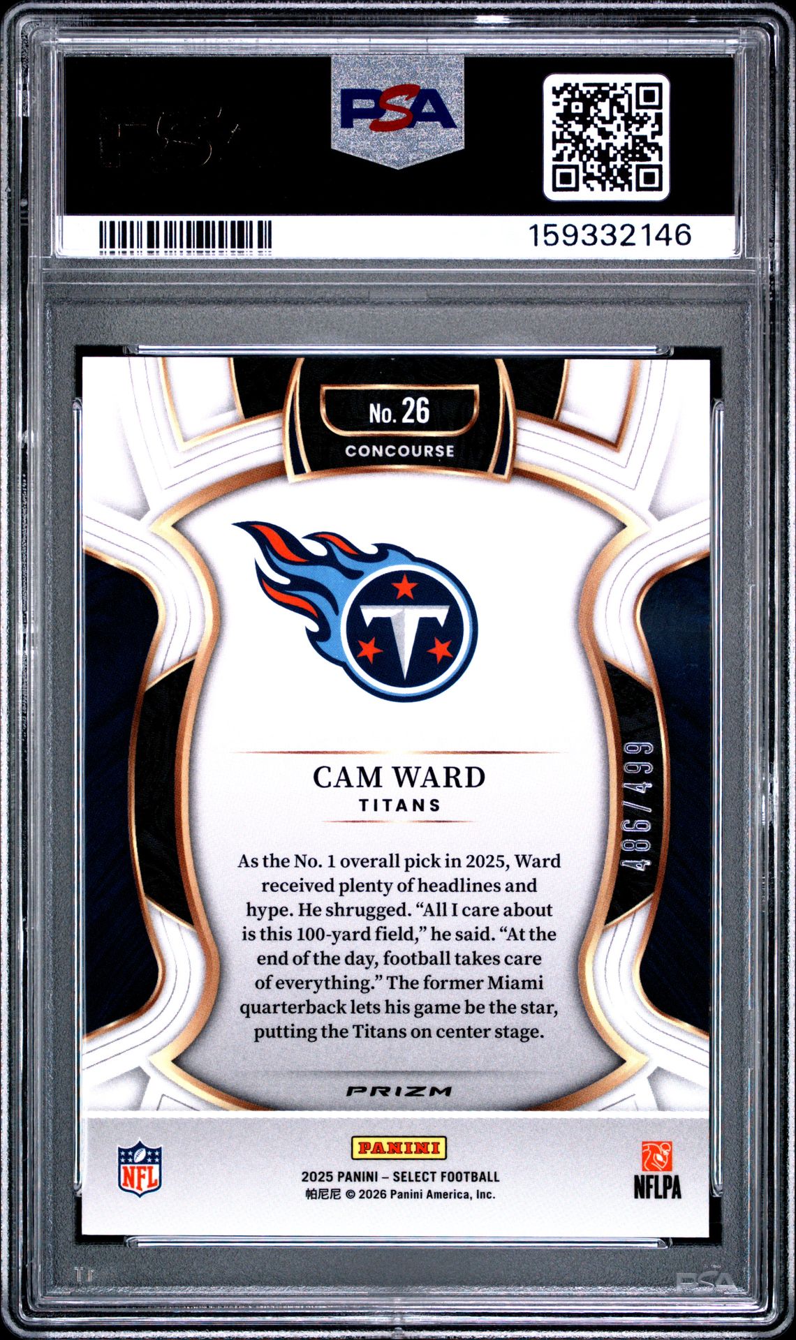 2025 Panini Select Cam Ward #26 (Orange Shock) Gem Mt 10 back view - PSA certificate #159332146